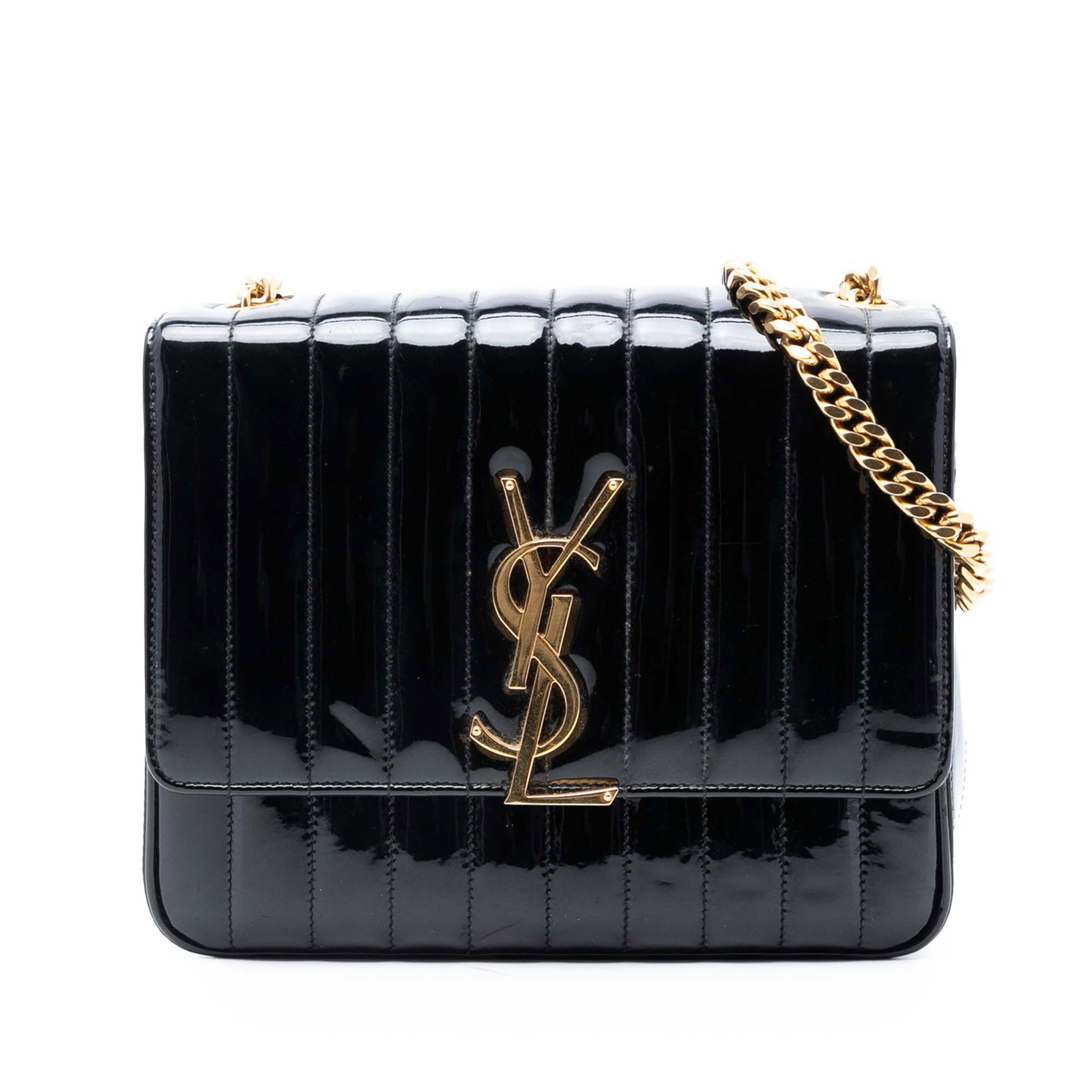 Saint Laurent Vicky Black Patent Leather Large Quilted Chain Crossbody Bag: Saint Laurent Vicky Black Patent Leather Large Quilted Chain Crossbody Bag This Saint Laurent Large Patent Vicky Crossbody features a quilted patent leather exterior in black, a chain link strap with 