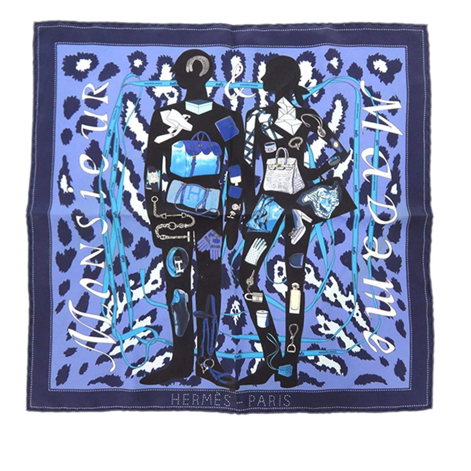 Monsieur et Madame Print Blue Silk Scarf by Hermes: Monsieur et Madame Print Blue Silk Scarf by Hermes This Hermes Monsieur Et Madame scarf showcases a stylish Monsieur et Madame print on 100% silk in blue. Crafted in France, it is a refined accessory 