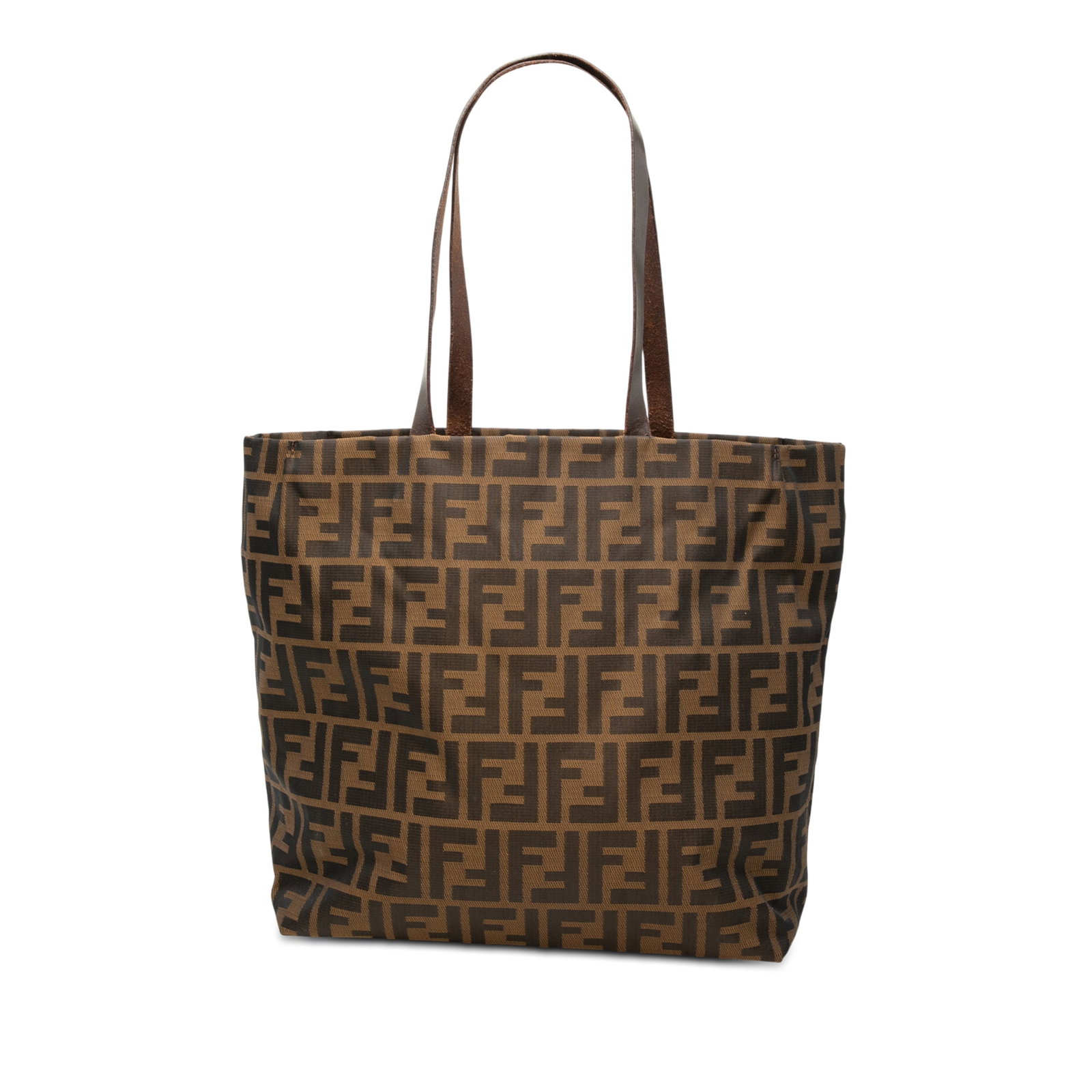 Fendi Brown Fabric Tote Bag with Leather Handles and Interior Zip Pocket: Fendi Brown Fabric Tote Bag with Leather Handles and Interior Zip Pocket This Fendi Zucca Canvas Tote features a brown fabric body with the signature Zucca pattern, complemented by flat leather straps