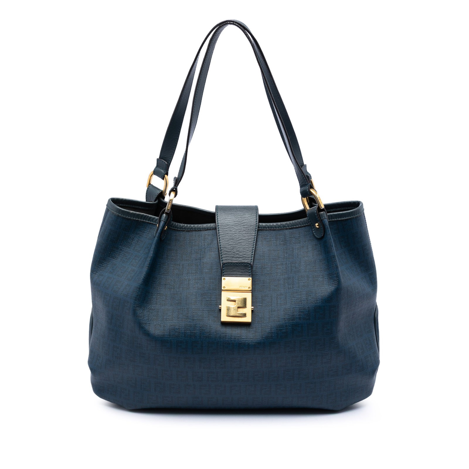 Fendi Zucchino Blue Coated Canvas Tote Bag: Fendi Zucchino Blue Coated Canvas Tote Bag This Fendi Zucchino Spalmati Chiusura Tote features a blue coated canvas body with leather trim, flat leather straps, an open top with a flap tab and magneti