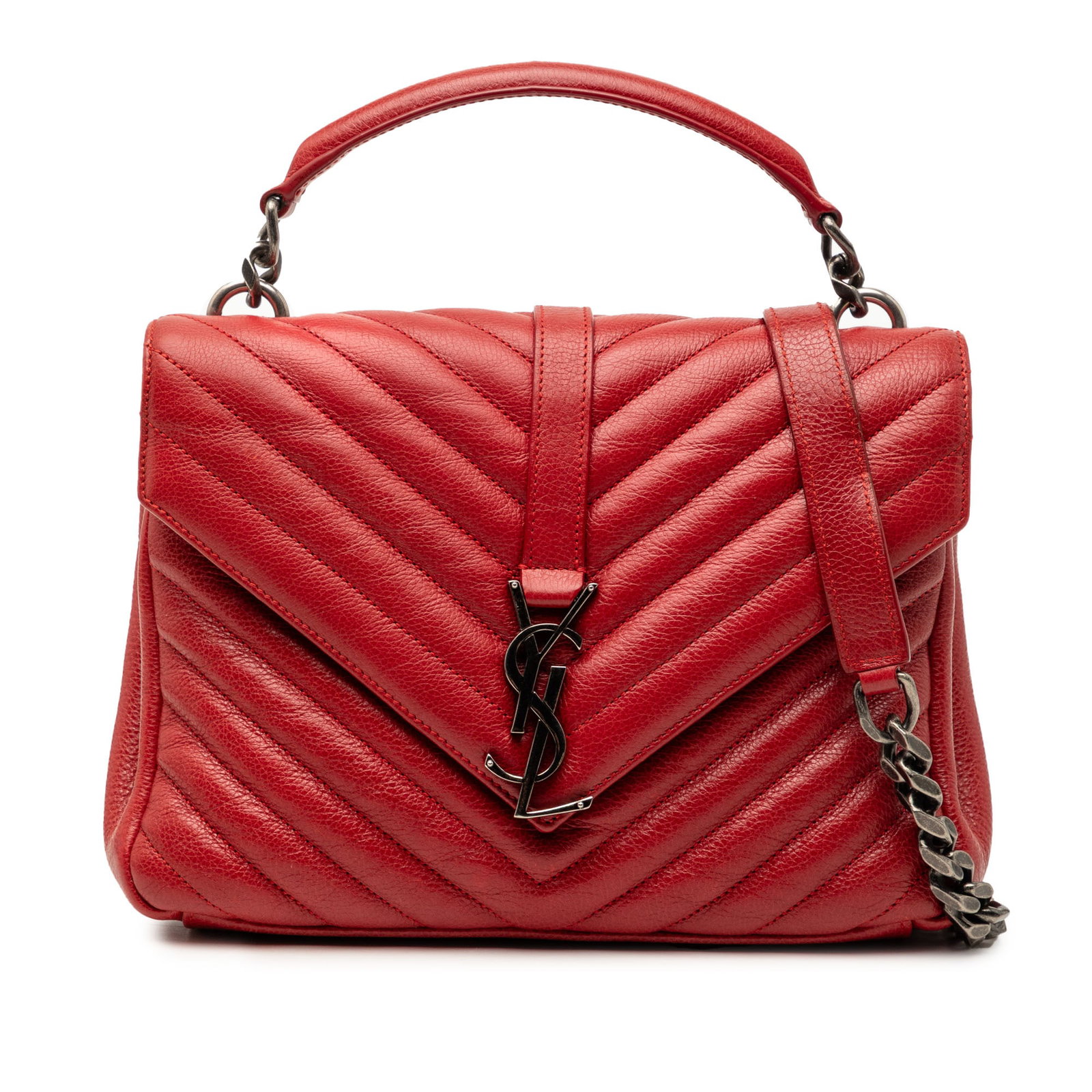 Saint Laurent College Red Leather Satchel with Chain Strap: Saint Laurent College Red Leather Satchel with Chain Strap This Saint Laurent Medium Chevron Sheepskin Monogram College Satchel showcases a quilted leather body in red, complemented by a rolled leathe