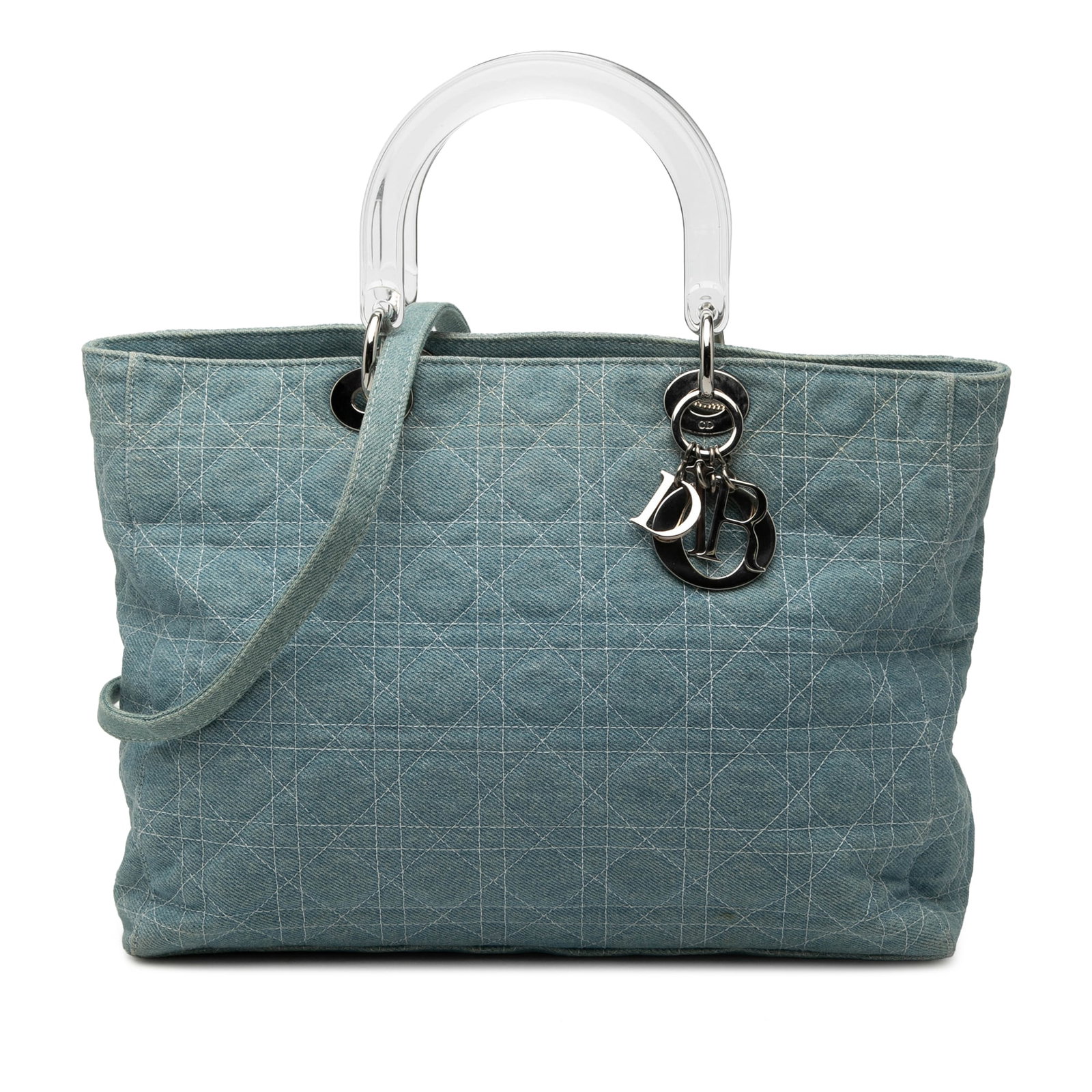 Dior Lady Dior denim satchel with acrylic handles: Dior Lady Dior denim satchel with acrylic handles This Lady Dior satchel features a quilted denim body with flat acrylic top handles and a detachable flat denim strap. The bag has an open top design, 