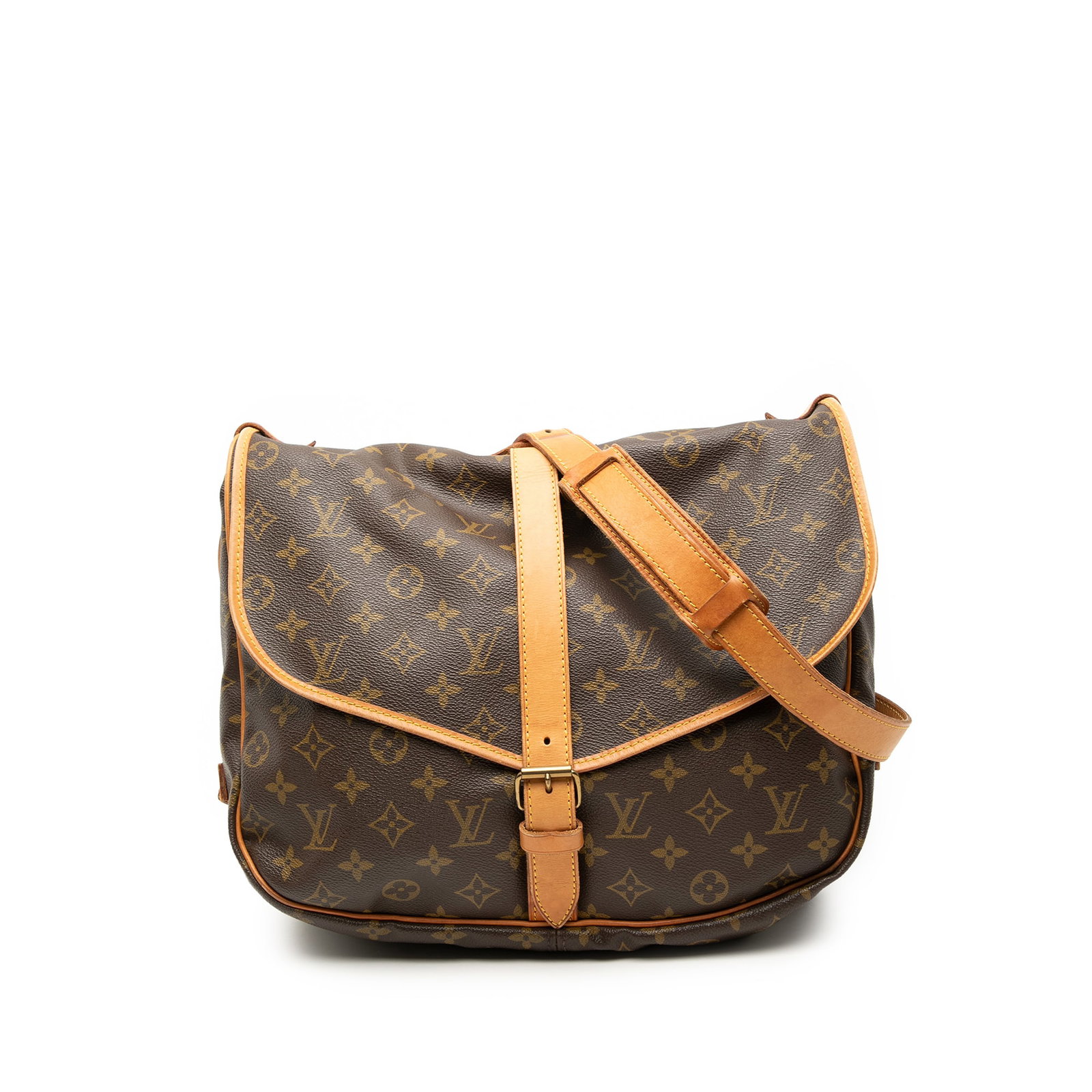 Louis Vuitton Saumur 35 Monogram Canvas Crossbody Bag: Louis Vuitton Saumur 35 Monogram Canvas Crossbody Bag The Louis Vuitton Monogram Saumur 35 is crafted from signature monogram canvas with vachetta leather trim and features an adjustable flat vachetta