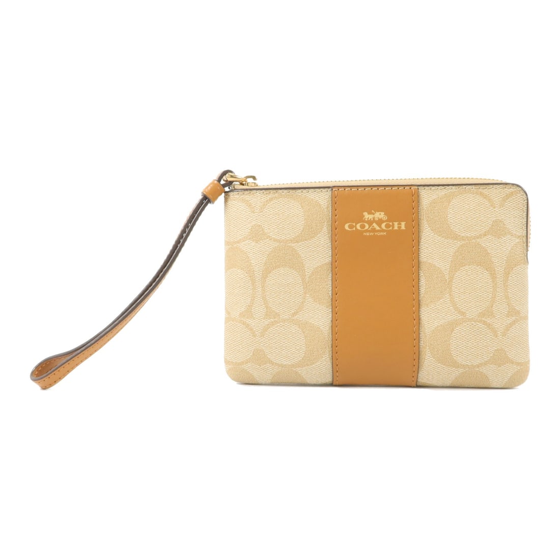 COACH GHW Beige Brown Coated Canvas Pouch 58035: COACH GHW Beige Brown Coated Canvas Pouch 58035 This Coach pouch features a beige and brown color scheme and is crafted from durable PVC coated canvas. Designed for women, it offers a sleek and compac