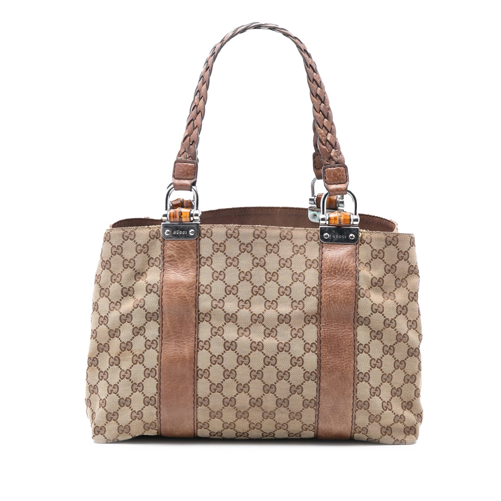 Gucci Bamboo Libeccio Tote Medium GG Canvas with Leather Trim: Gucci Bamboo Libeccio Tote Medium GG Canvas with Leather Trim This Gucci Medium GG Canvas Bamboo Libeccio Tote features a beige canvas body with leather trim, flat braided straps, an open top, an inte