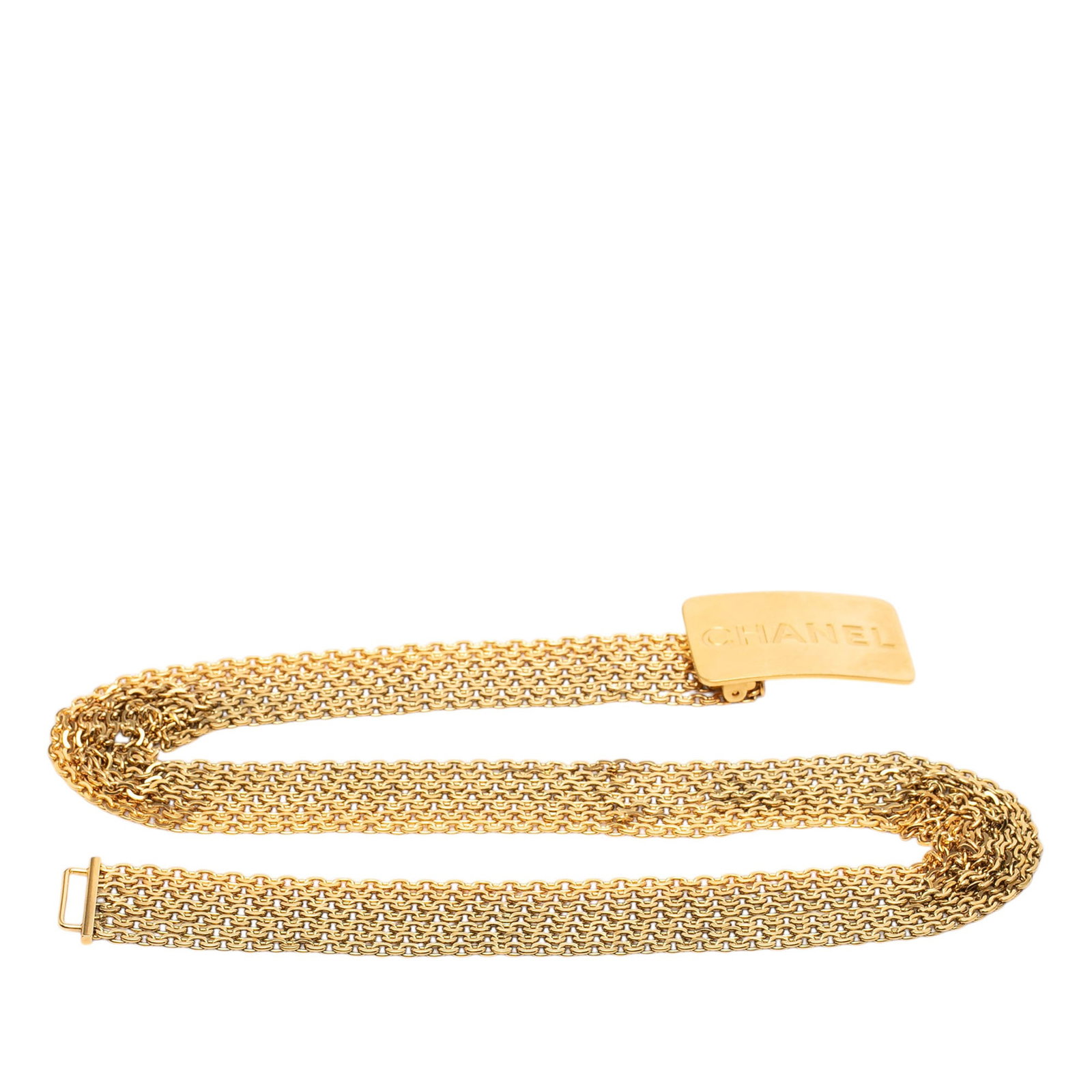 Chanel gold-tone chain logo belt: Chanel gold-tone chain logo belt This Chanel belt features multiple gold-tone metal chains and a hook closure, showcasing the iconic brand's luxurious accessory style. Made in France, the belt is desi