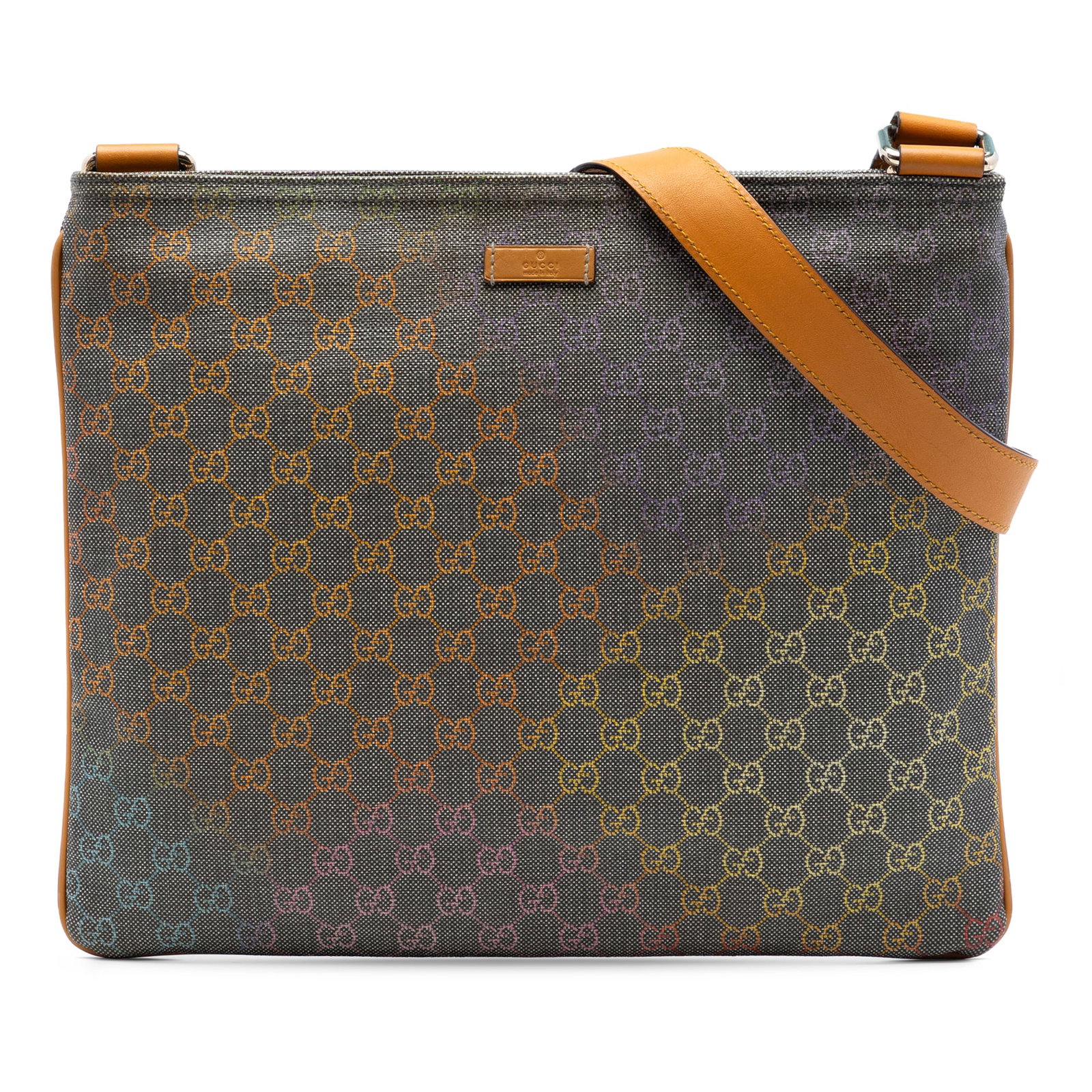Gucci GG Supreme Gray Coated Canvas Crossbody Bag: Gucci GG Supreme Gray Coated Canvas Crossbody Bag This Gucci Multicolor GG Supreme Crossbody bag is crafted from coated canvas with leather trim and features a flat leather strap, a top zip closure, a