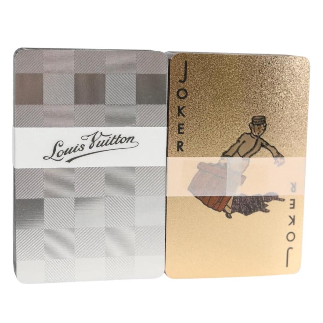 Louis Vuitton Damier Ebene Canvas Playing Cards with Box: Louis Vuitton Damier Ebene Canvas Playing Cards with Box This Louis Vuitton playing card set features the iconic Damier Ebene canvas case in a stylish silver and gold color combination. Designed for b