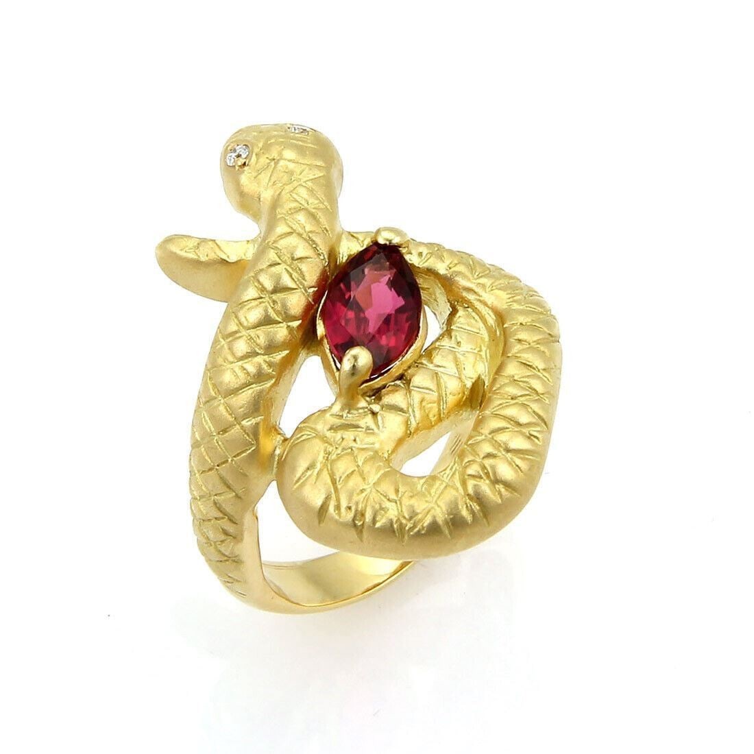 18k Yellow Gold Snake Ring Pink Tourmaline Diamond Eyes Size 5.5: 18k Yellow Gold Snake Ring Pink Tourmaline Diamond Eyes Size 5.5 This vintage snake ring is crafted from 18k yellow gold with a satin finish and features a sculptural coiled serpent design. The center
