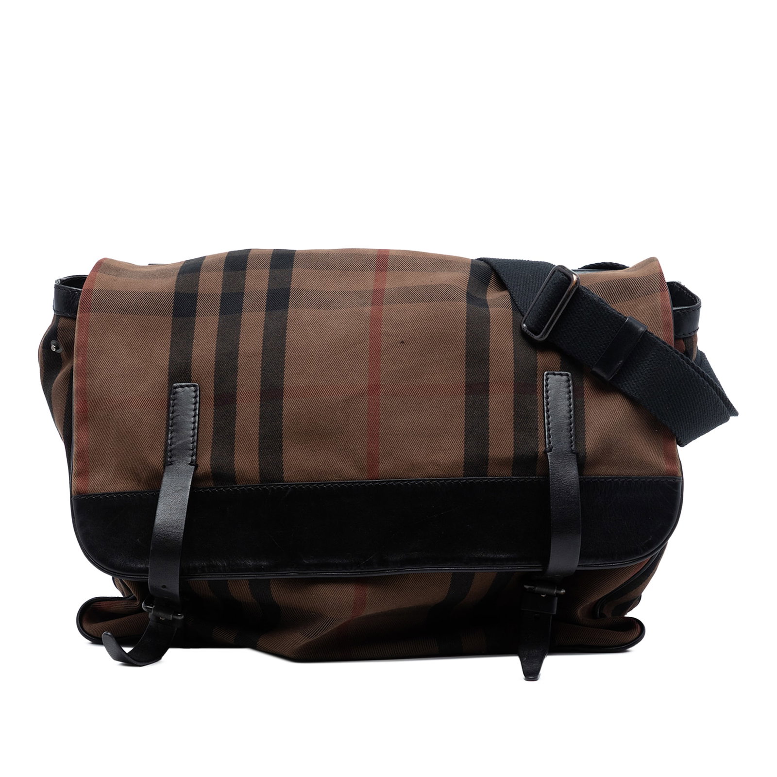 Burberry check canvas flap crossbody bag: Burberry check canvas flap crossbody bag This Burberry House Check Canvas Flap Crossbody bag features the brand's signature canvas body with leather trim and an adjustable flat canvas strap. The bag i