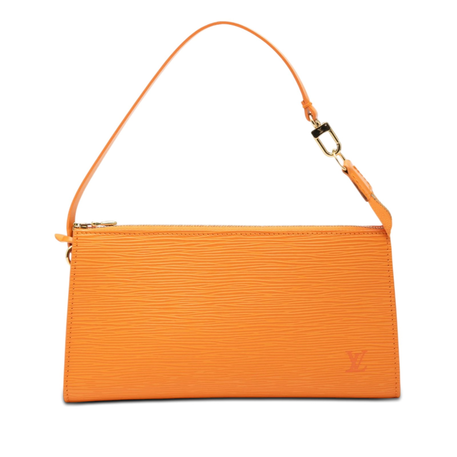 Epi Leather Shoulder Bag by Louis Vuitton Orange France: Epi Leather Shoulder Bag by Louis Vuitton Orange France This Louis Vuitton Epi Pochette Accessoires features an epi leather body in orange, a flat shoulder strap, and a top zip closure. The bag shows 