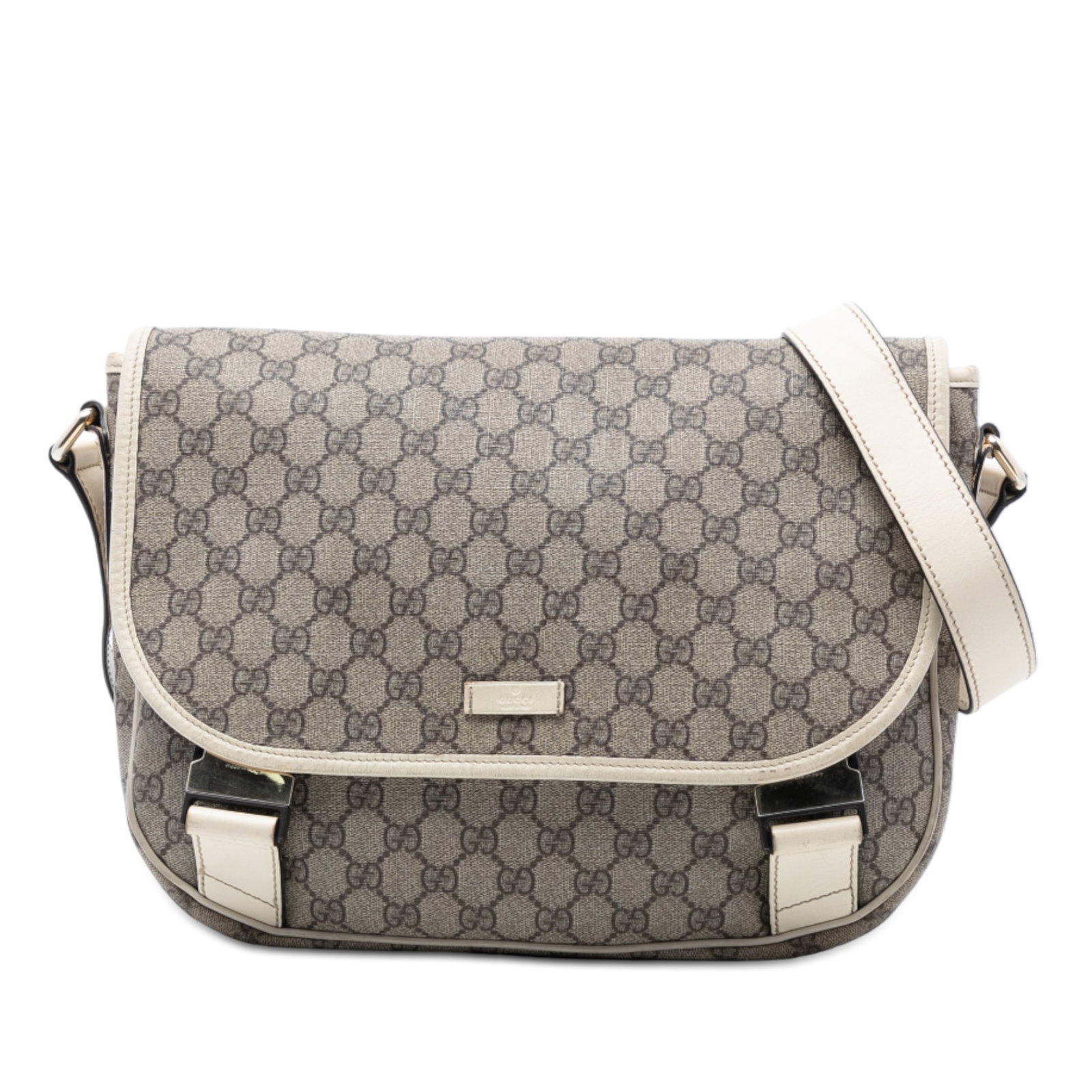 GG Supreme Crossbody Bag with Leather Trim and Adjustable Strap by Gucci: GG Supreme Crossbody Bag with Leather Trim and Adjustable Strap by Gucci This Gucci GG Supreme Crossbody bag is crafted from coated canvas with leather trim. It features an adjustable flat leather sho