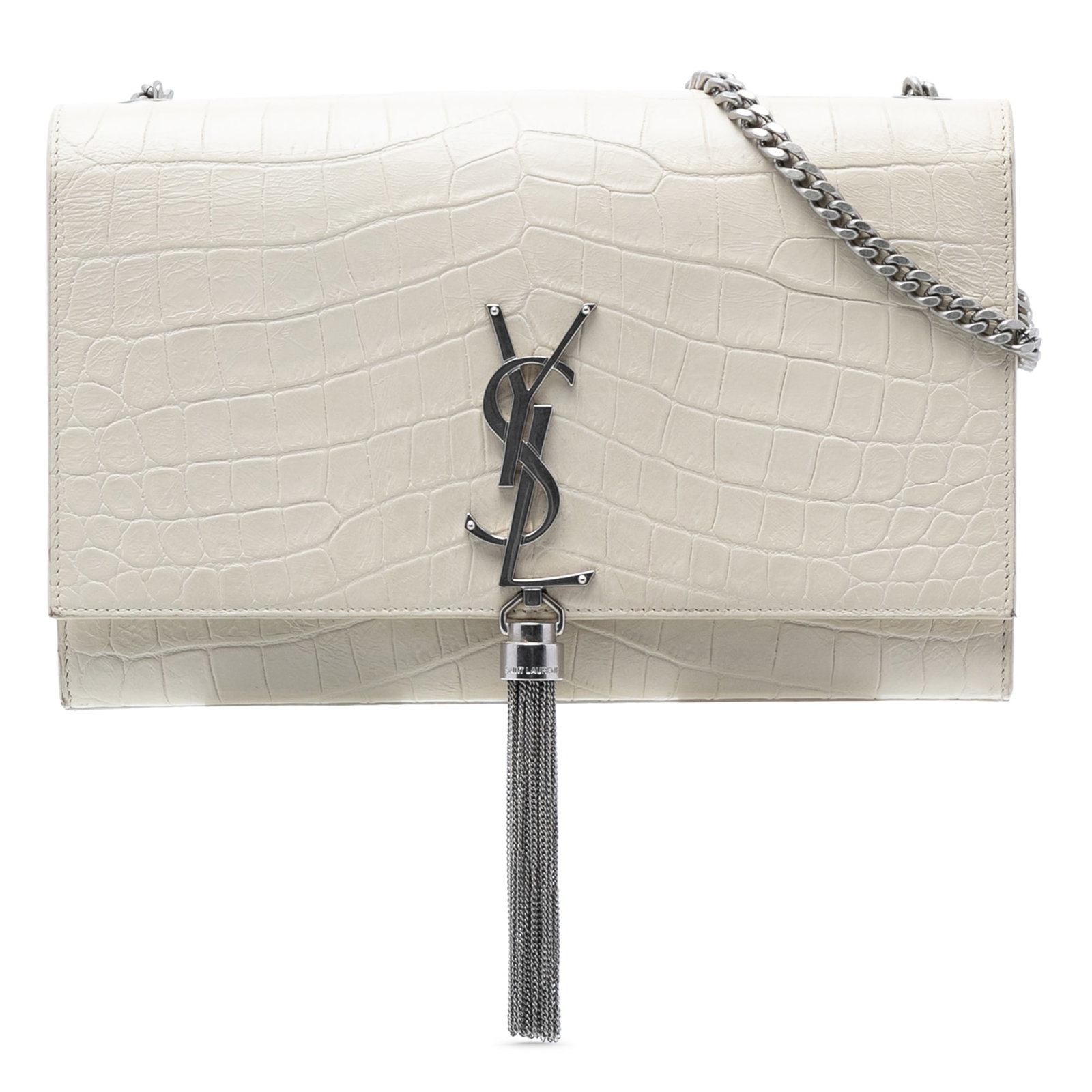 Saint Laurent Kate Croc Embossed Leather White Medium Crossbody Bag with Tassel (1 of 7)