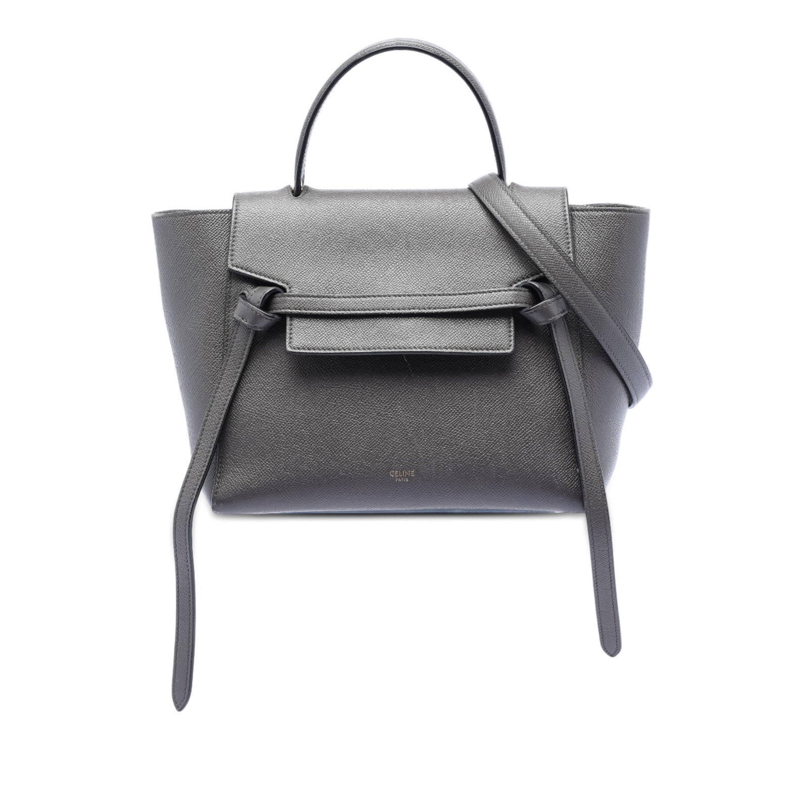 Celine Micro Belt Bag in Black Grained Calfskin Leather: Celine Micro Belt Bag in Black Grained Calfskin Leather This Celine Micro Grained Calfskin Belt Bag features a black leather body with a flat leather handle, a detachable flat leather strap, a top fla