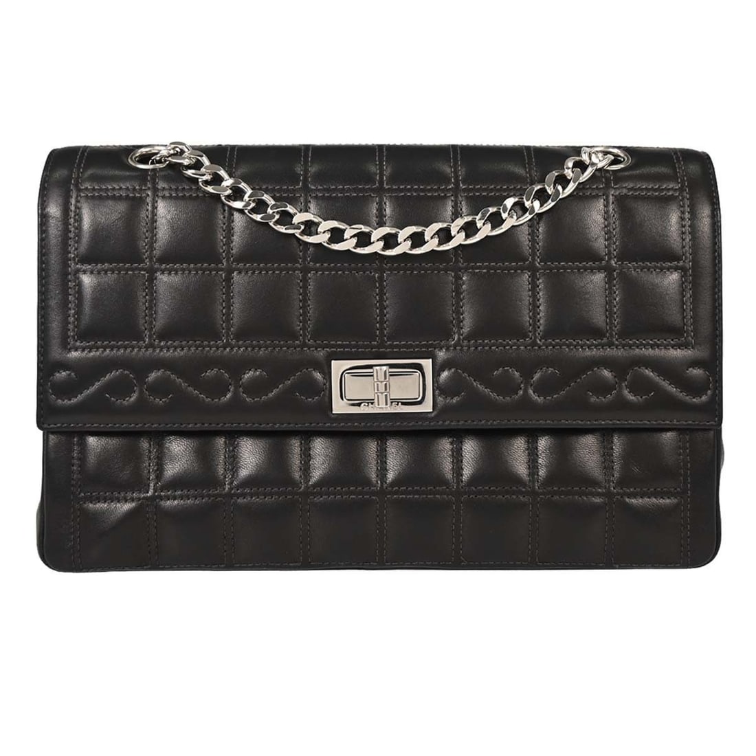 CHANEL black lambskin shoulder bag Choco Bar Mademoiselle lock: CHANEL black lambskin shoulder bag Choco Bar Mademoiselle lock This Chanel Black Lambskin Choco Bar Mademoiselle Lock Shoulder Bag features a classic quilted design with a CC pattern and a turn lock c