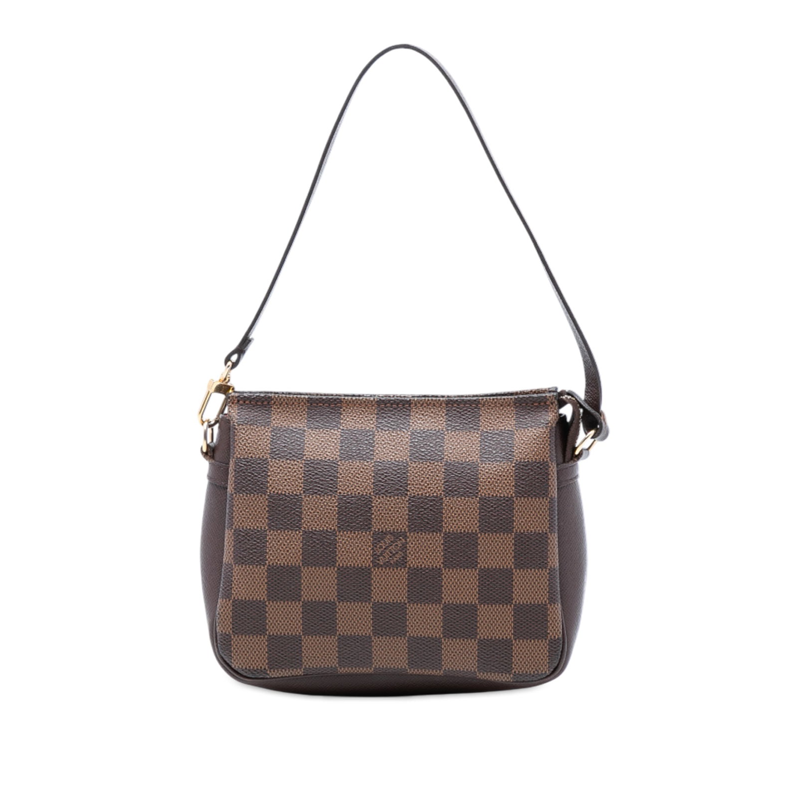 Louis Vuitton Damier Ebene Canvas Pouch with Leather Trim and Strap: Louis Vuitton Damier Ebene Canvas Pouch with Leather Trim and Strap This Louis Vuitton Damier Ebene Trousse Pochette features a signature damier canvas body with leather trim, a detachable flat leathe