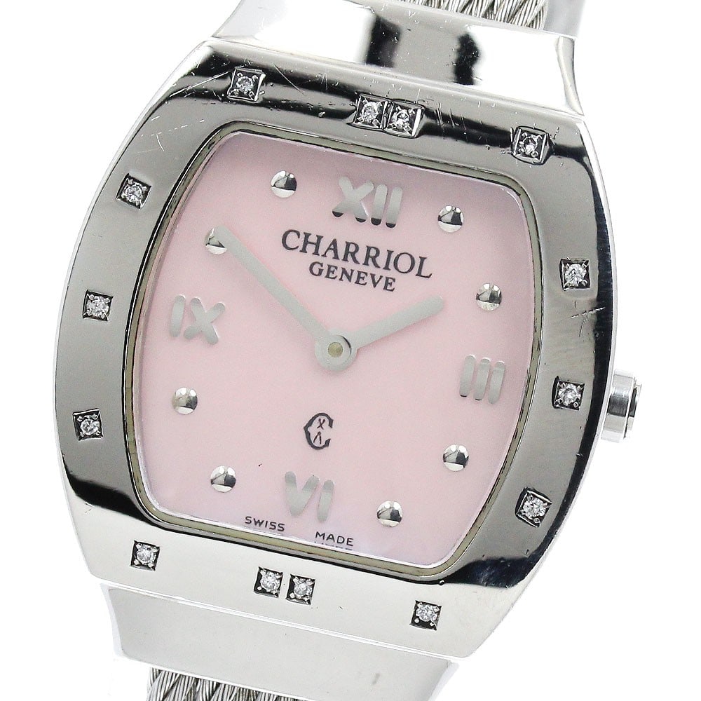 CHARRIOL Azure Pink Shell Quartz Ladies Wristwatch: CHARRIOL Azure Pink Shell Quartz Ladies Wristwatch This CHARRIOL Azure Ref. AZURT women's wristwatch features a stainless steel case and bracelet with a pink shell dial. Powered by a quartz movement, 