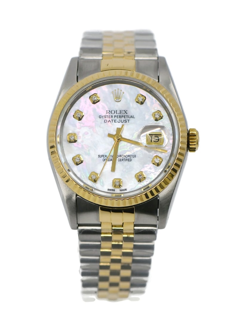 Rolex Datejust 16233 Two Tone Diamond Dial Automatic 36mm Wristwatch: Rolex Datejust 16233 Two Tone Diamond Dial Automatic 36mm Wristwatch This Rolex Datejust wristwatch features a 36 mm stainless steel case with an 18K gold bezel and a stainless steel band. The watch o