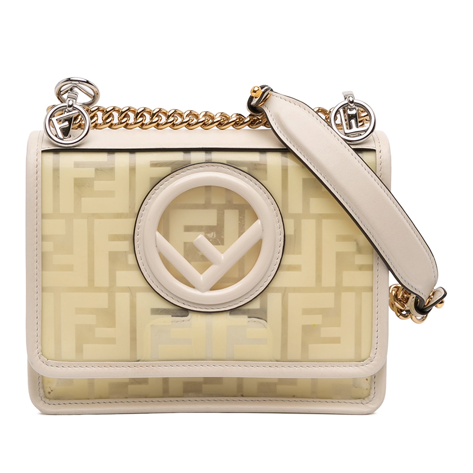 Fendi Kan I F Small Crossbody Bag in Zucca PVC with Chain Strap: Fendi Kan I F Small Crossbody Bag in Zucca PVC with Chain Strap This Fendi Small Zucca Kan I F Crossbody bag features a PVC body with leather trim, a curb chain shoulder strap with a leather shoulder 