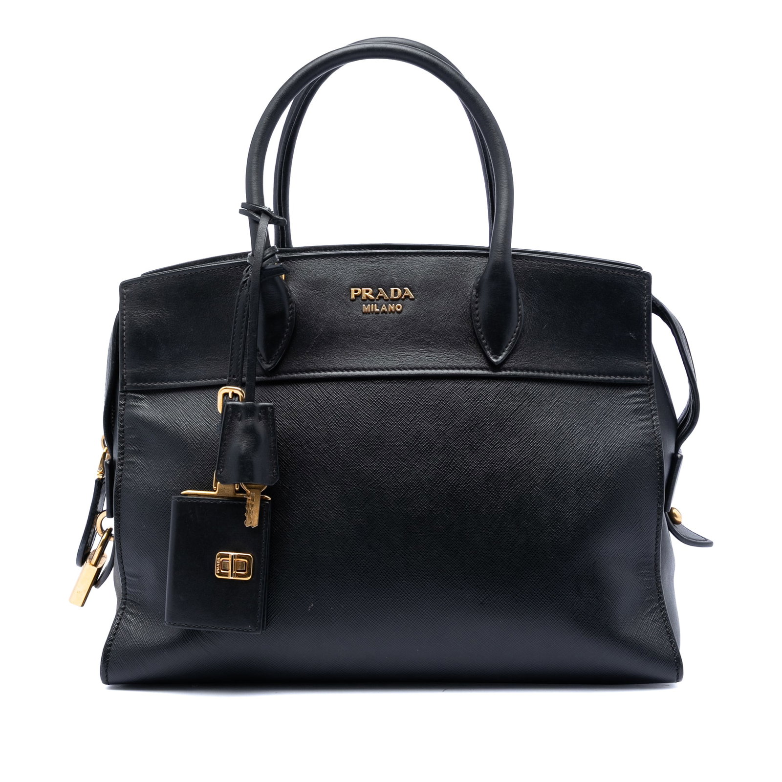 Prada Esplanade Black Leather Satchel: Prada Esplanade Black Leather Satchel This Prada Saffiano and City Calf Esplanade Satchel features a structured silhouette crafted from saffiano leather with rolled leather handles. The bag is designe