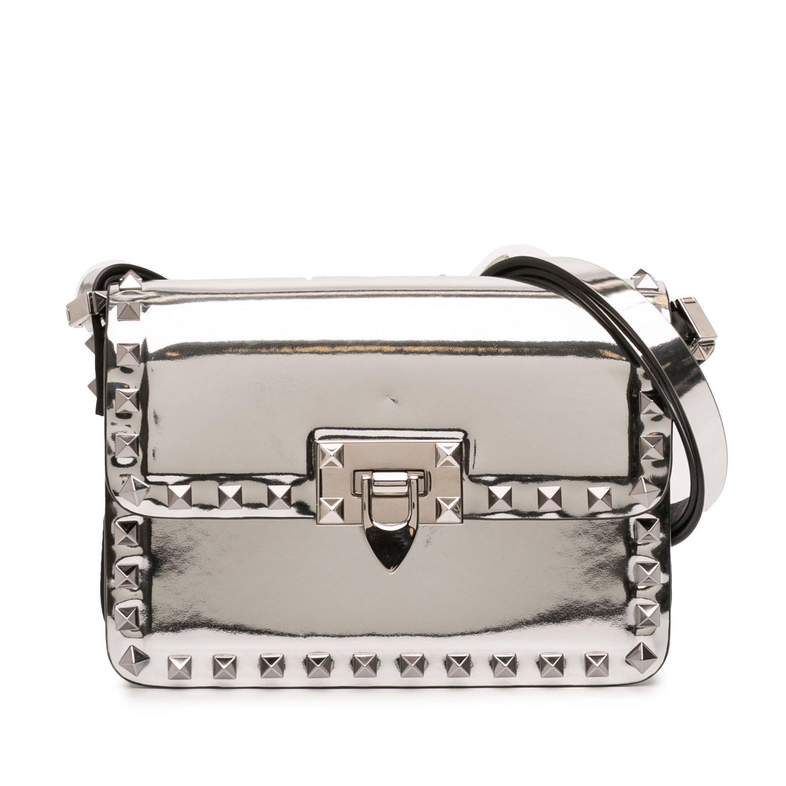 Valentino Rockstud23 silver calfskin crossbody bag: Valentino Rockstud23 silver calfskin crossbody bag This Valentino Small Mirror Calfskin Rockstud23 Shoulder Bag showcases a striking silver leather body adorned with signature stud details. The design