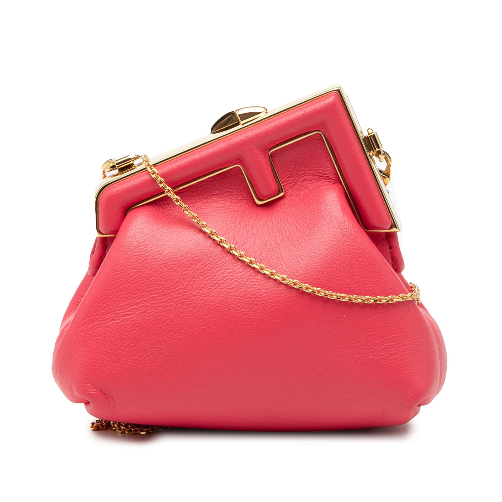 Fendi Nano Shiny Nappa First Charm Crossbody Bag Pink: Fendi Nano Shiny Nappa First Charm Crossbody Bag Pink This Fendi Nano Shiny Nappa First Bag Charm Crossbody is crafted from nappa leather in a pink hue. It features a gold-tone chain link shoulder str