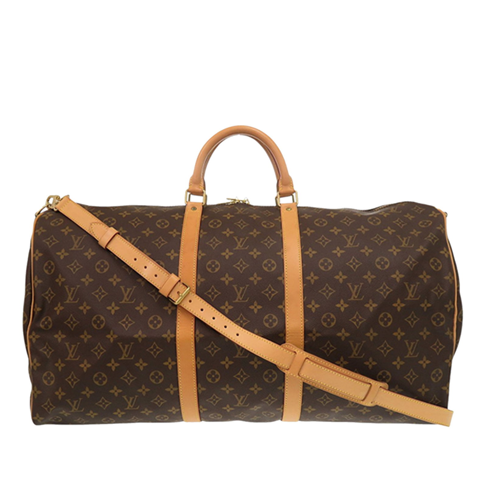 Louis Vuitton Monogram travel duffel with shoulder strap 60: Louis Vuitton Monogram travel duffel with shoulder strap 60 The Louis Vuitton Monogram Keepall Bandouliere 60 is crafted from the brand's signature monogram canvas with vachetta leather trim and rolle