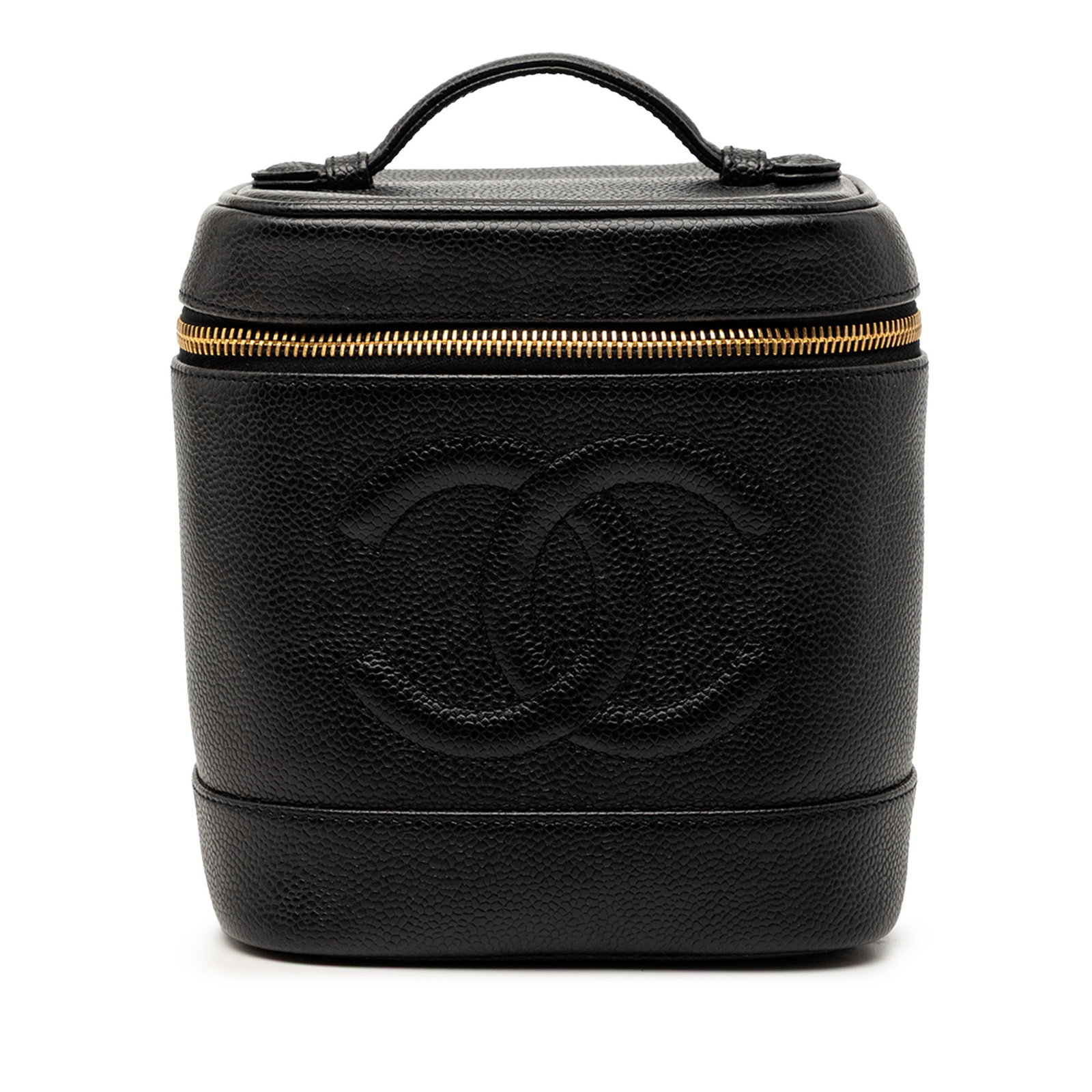 Chanel Black Caviar Leather CC Vanity Bag with Top Handle: Chanel Black Caviar Leather CC Vanity Bag with Top Handle This Chanel CC Caviar Vanity Bag features a caviar leather body in black, a flat leather top handle, a zip-around closure, and an interior sli