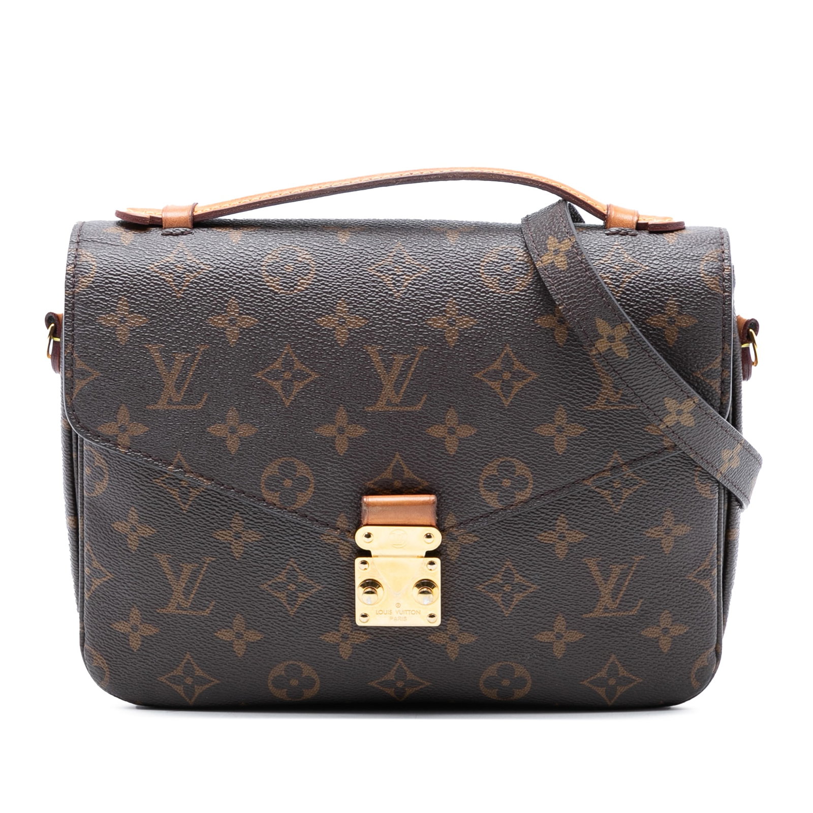 Louis Vuitton Pochette Metis Brown Monogram Canvas Shoulder Bag: Louis Vuitton Pochette Metis Brown Monogram Canvas Shoulder Bag This Louis Vuitton Monogram Pochette Metis showcases the classic monogram canvas with a flat vachetta leather top handle and a detachabl
