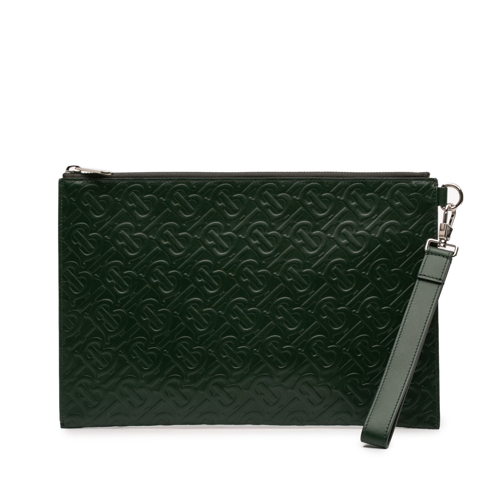 Burberry Green Leather TB Monogram Wristlet Clutch: Burberry Green Leather TB Monogram Wristlet Clutch This Burberry clutch features a green embossed leather body with the signature TB Monogram design. It is equipped with a leather wrist strap for conv
