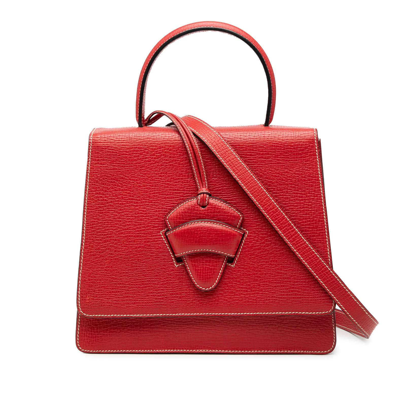 Loewe Barcelona Red Textured Leather Top Handle Shoulder Bag: Loewe Barcelona Red Textured Leather Top Handle Shoulder Bag This LOEWE Barcelona Top Handle Bag features textured red leather, a flat top handle, and a detachable flat shoulder strap. The bag is desi
