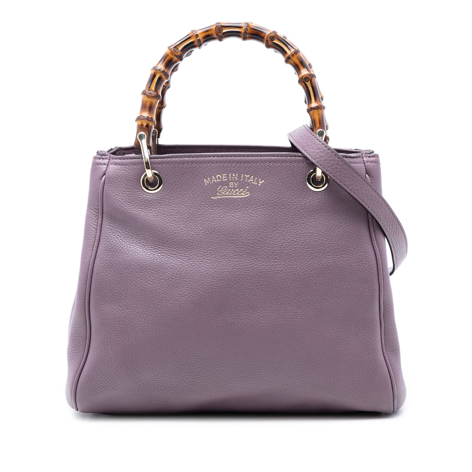 Gucci Bamboo Handle Purple Leather Small Shopper Satchel with Strap: Gucci Bamboo Handle Purple Leather Small Shopper Satchel with Strap This Gucci Small Calfskin Bamboo Shopper Satchel features a leather body in purple, distinctive bamboo handles, a detachable strap, 