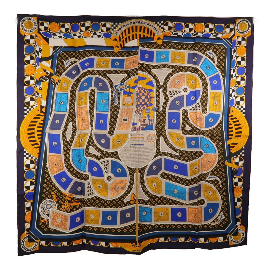 Hermes silk blue 90x90 Le Tour Du Monde scarf: Hermes silk blue 90x90 Le Tour Du Monde scarf This Hermes "Le Tour Du Monde En 63 Cases" scarf is crafted from luxurious silk in a striking blue color. Made in France, this elegant accessory is design