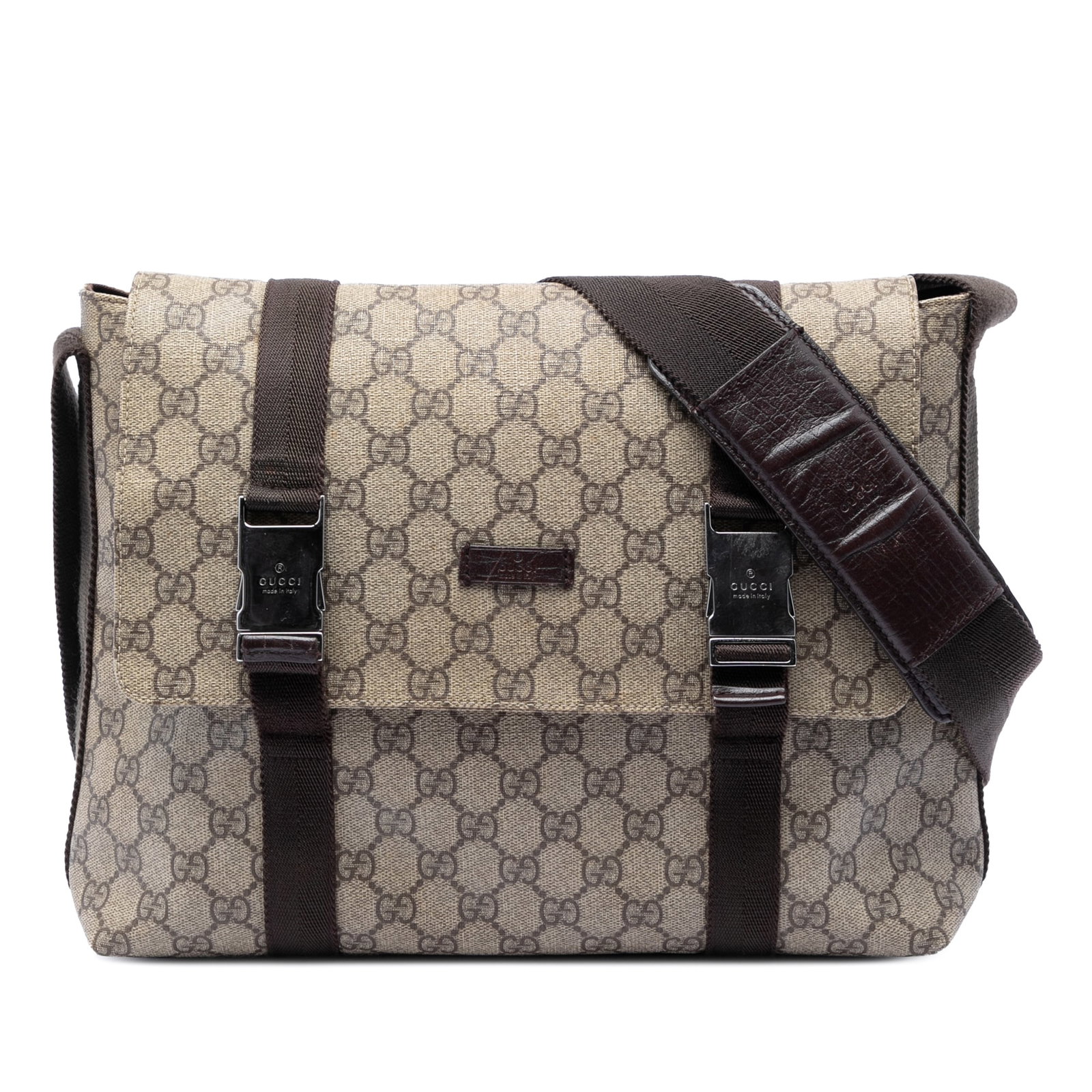 Gucci GG Supreme Beige Crossbody Flap Bag: Gucci GG Supreme Beige Crossbody Flap Bag This Gucci Large GG Supreme Double Buckle Flap Messenger Bag is crafted from coated canvas with canvas trim and features an adjustable flat strap for comforta