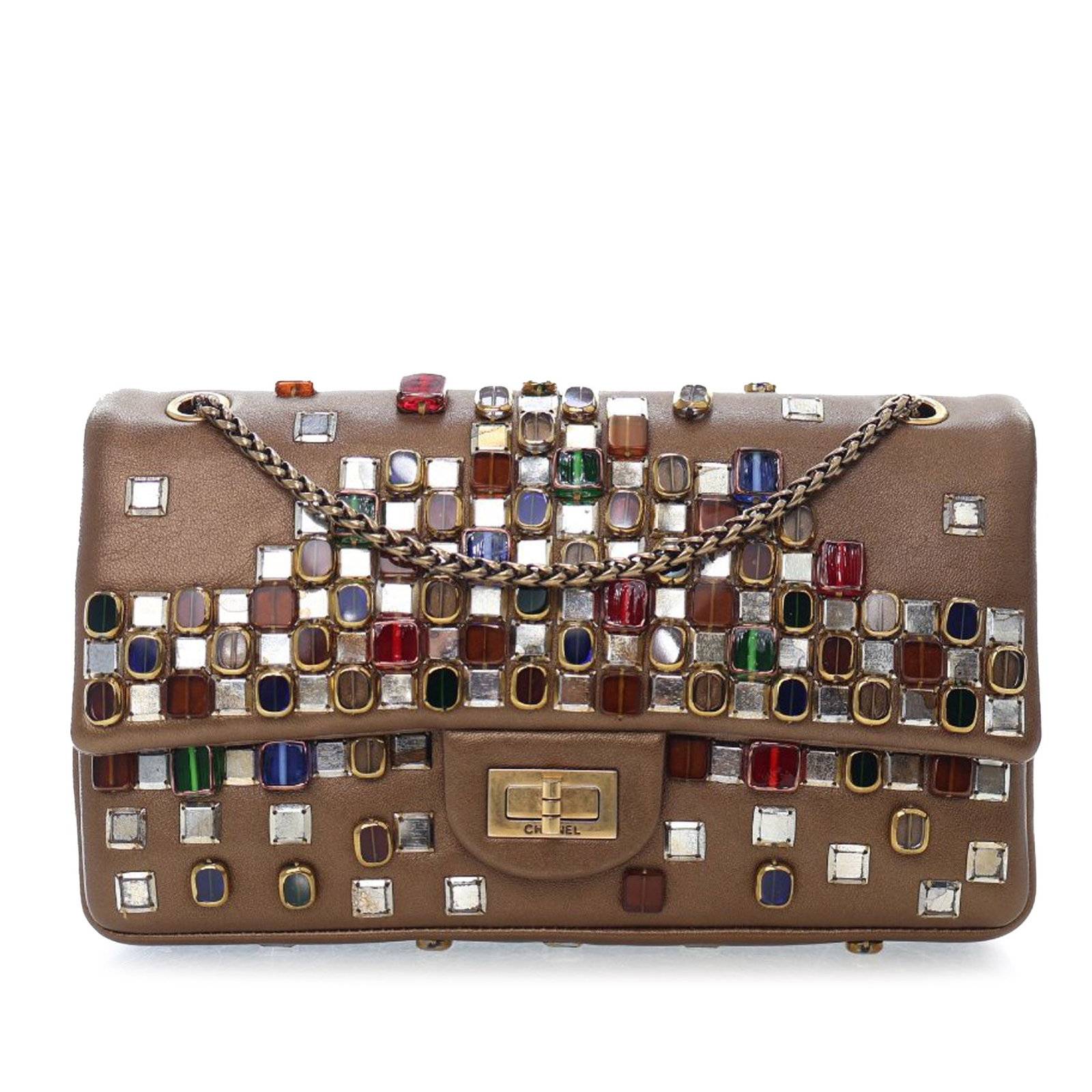 Chanel Paris Byzance Gripoix Bijoux Reissue 2.55 Brown Calfskin Flap Bag: Chanel Paris Byzance Gripoix Bijoux Reissue 2.55 Brown Calfskin Flap Bag This Chanel Paris Byzance Gripoix Bijoux Reissue 2.55 Single Flap bag showcases a sophisticated leather body adorned with elega