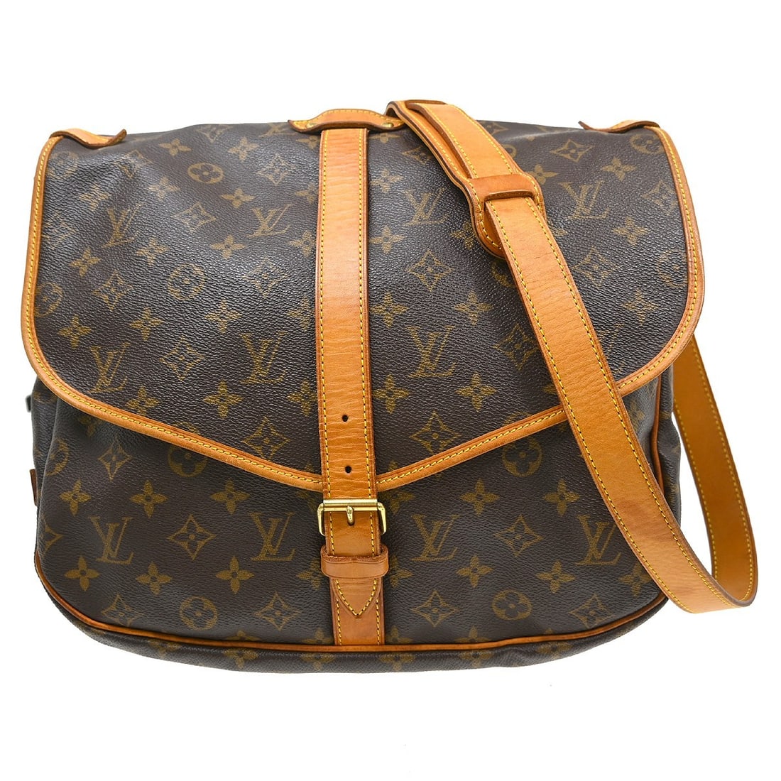 Louis Vuitton Monogram Canvas Saumur Handbag: Louis Vuitton Monogram Canvas Saumur Handbag This Louis Vuitton Saumur Handbag features the signature Monogram Canvas in brown and is designed for unisex use. Crafted in France, the bag has visible sc
