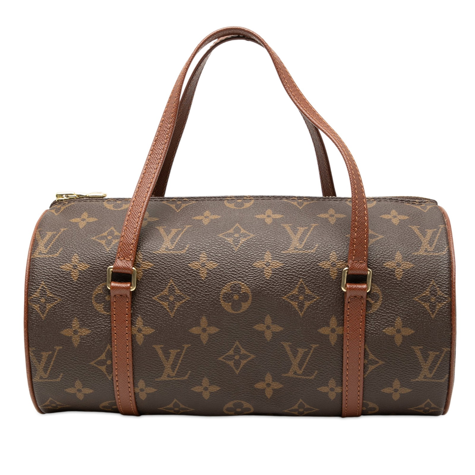 Louis Vuitton Papillon 26 Monogram Canvas Handbag with Leather Handles: Louis Vuitton Papillon 26 Monogram Canvas Handbag with Leather Handles The Louis Vuitton Monogram Papillon 26 features the iconic monogram canvas body with leather handles and a top zip closure. This 