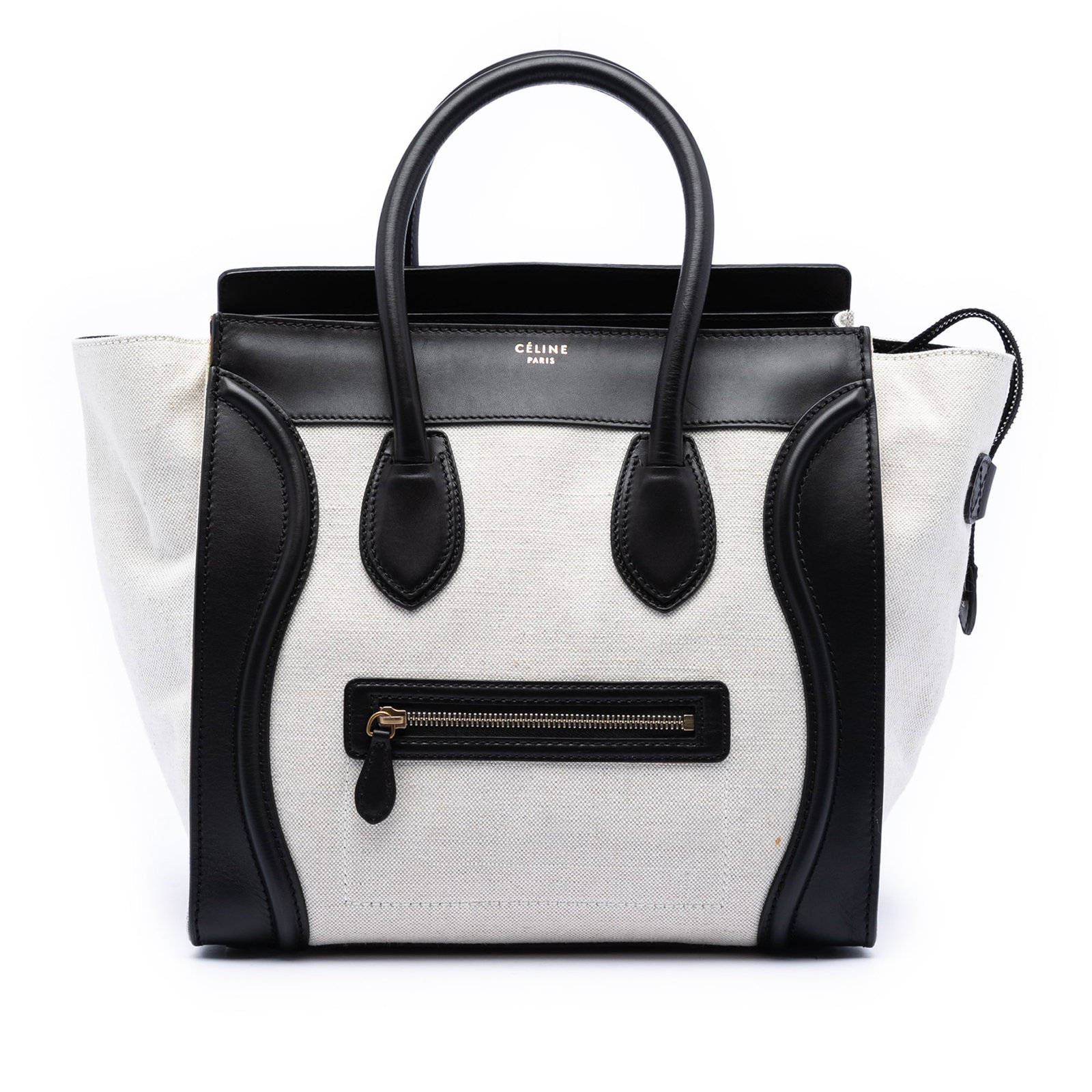 Celine Mini Luggage Tote Brown Canvas with Leather Trim: Celine Mini Luggage Tote Brown Canvas with Leather Trim This Celine Mini Bicolor Luggage Tote features a canvas body with leather trim, rolled leather top handles, and a detachable flat leather should