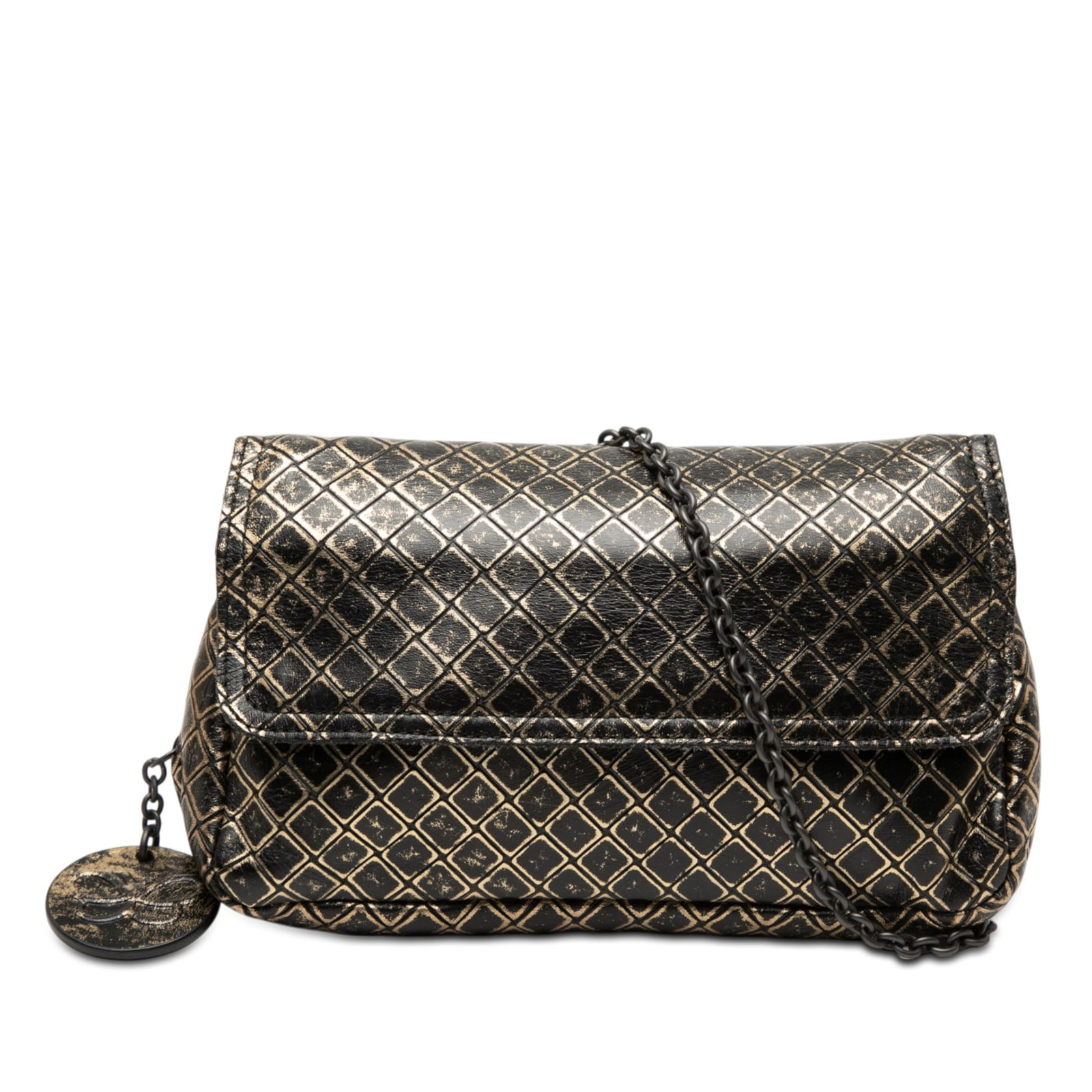 Bottega Veneta Gold Calfskin Chain Flap Crossbody Bag: Bottega Veneta Gold Calfskin Chain Flap Crossbody Bag This Bottega Veneta Metallic Calfskin Intrecciomirage Chain Flap Crossbody features a gold-tone leather body with a distinctive woven design. It c