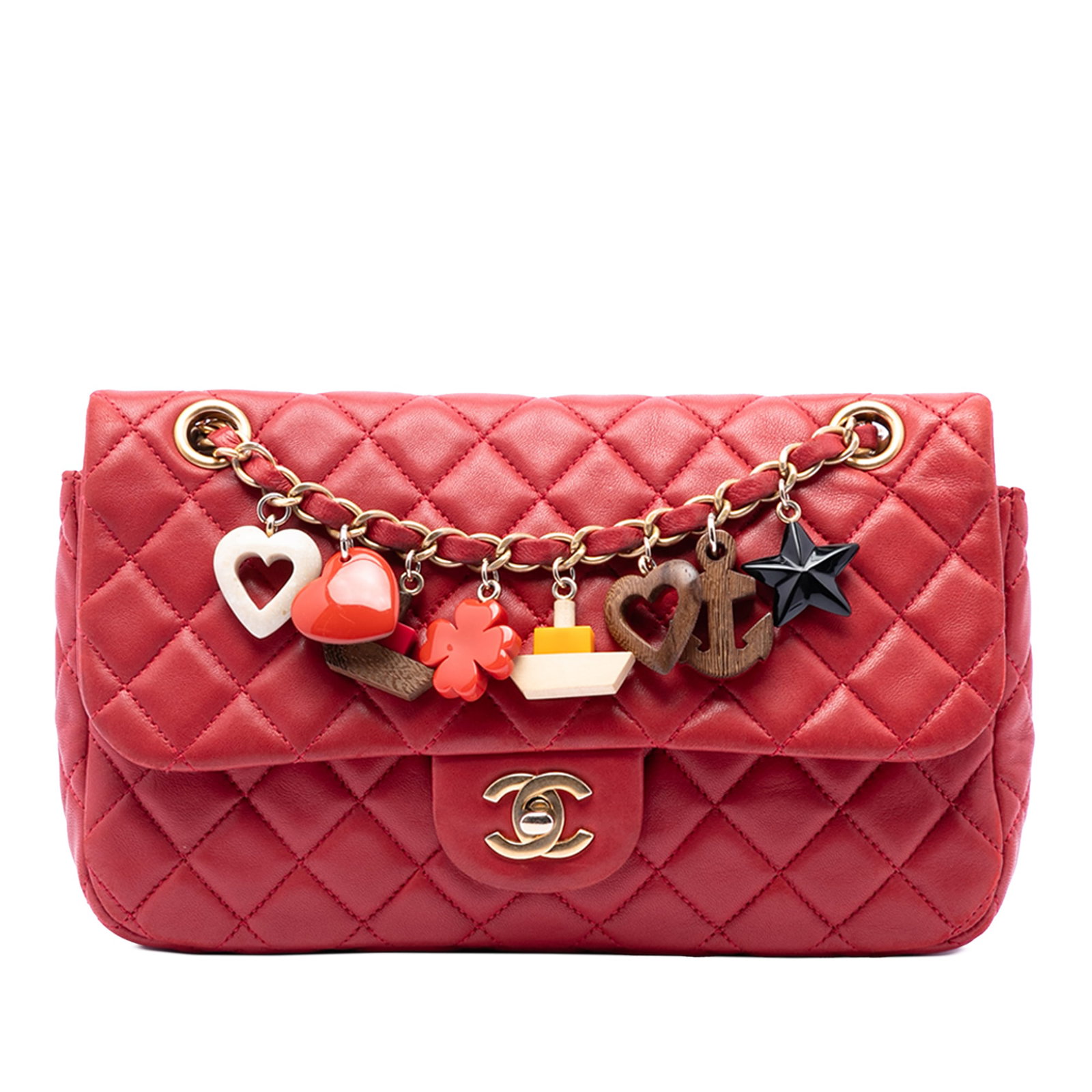 Chanel Marine Charms Single Flap Lambskin Shoulder Bag: Chanel Marine Charms Single Flap Lambskin Shoulder Bag This Chanel Medium Classic Lambskin Marine Charms Single Flap bag is crafted from quilted lambskin leather in a red hue. It features a leather-wo