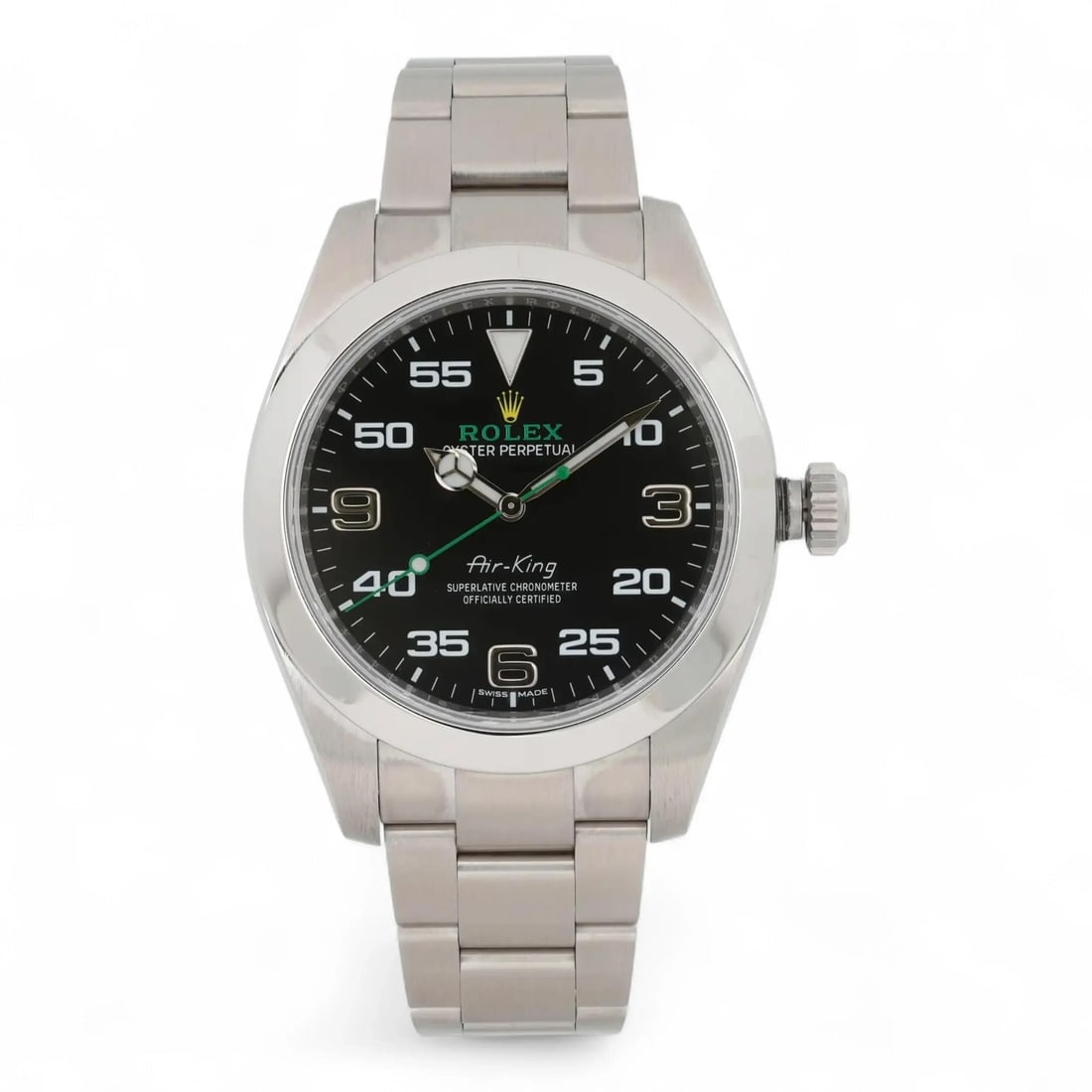 Rolex Air-King Automatic Steel 40mm Black Dial Men's Wristwatch 116900: Rolex Air-King Automatic Steel 40mm Black Dial Men's Wristwatch 116900 This Rolex Air-King men's wristwatch features a 40mm polished stainless steel case with a smooth fixed bezel and a black analog d
