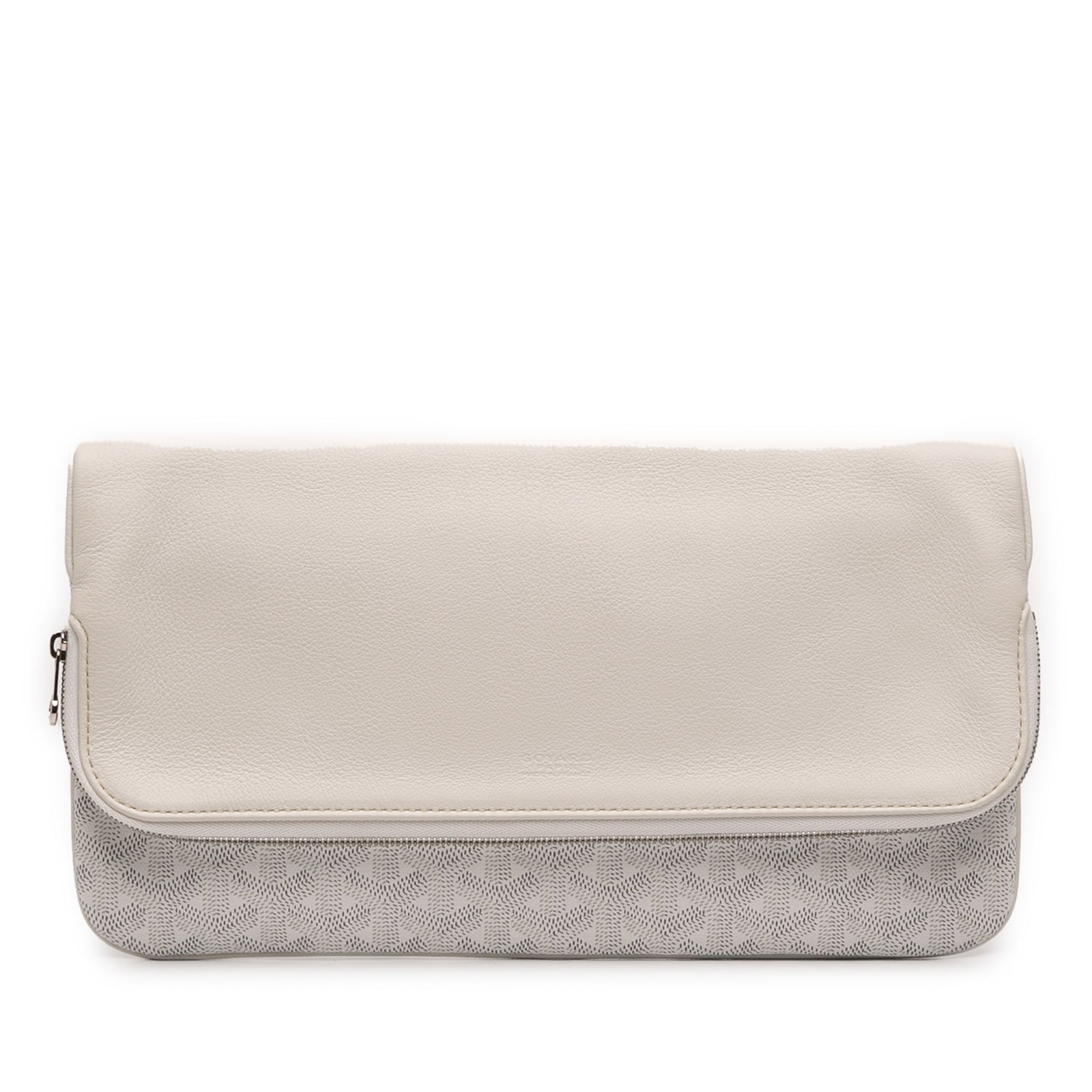Goyard Sainte Marie MM white coated canvas clutch bag: Goyard Sainte Marie MM white coated canvas clutch bag This Goyardine Sainte Marie MM clutch bag features a coated canvas and leather construction in white. It is designed with a flap and zip closure, 