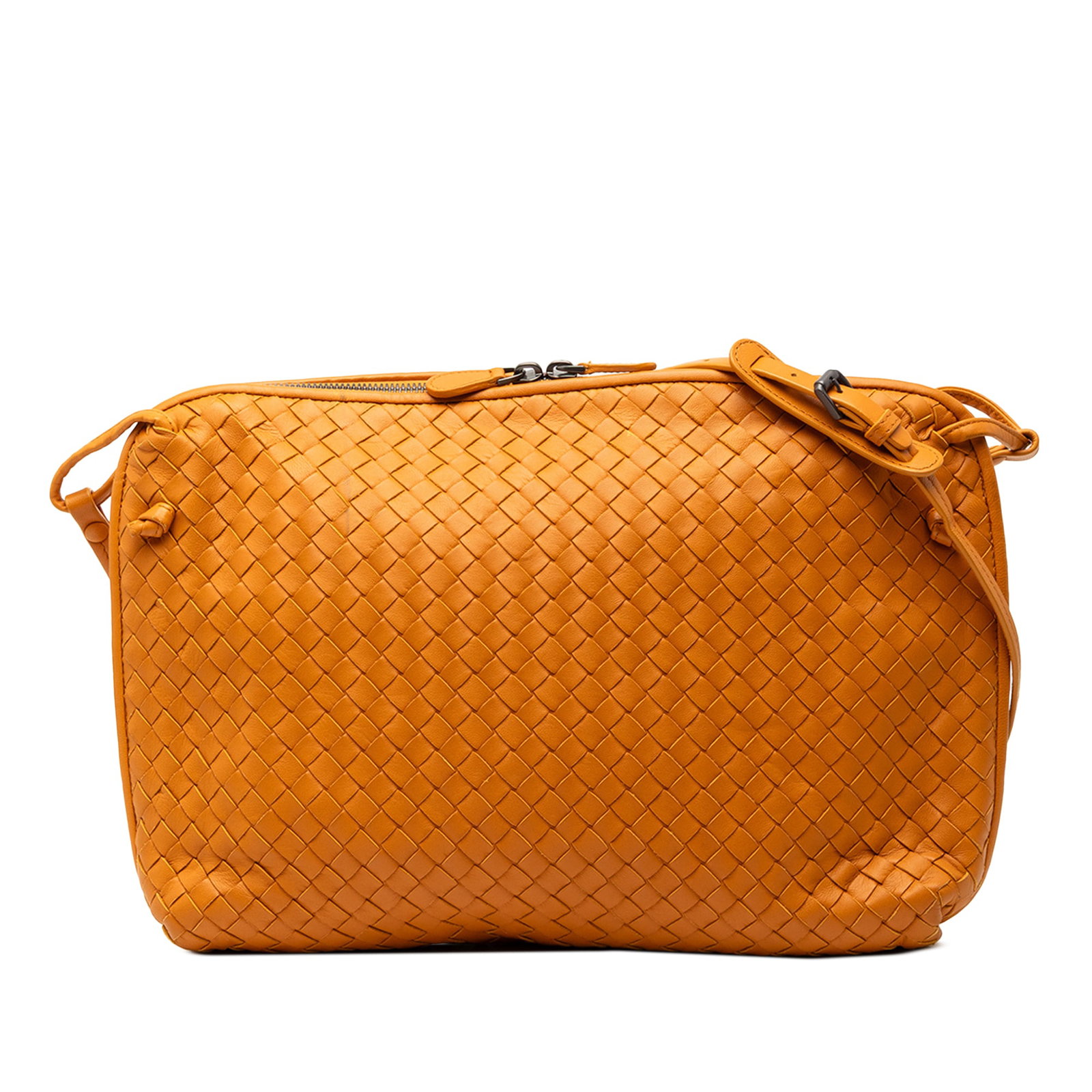 Large Orange Nappa Intrecciato Nodini Crossbody Bag by Bottega Veneta: Large Orange Nappa Intrecciato Nodini Crossbody Bag by Bottega Veneta This Bottega Veneta Large Nappa Intrecciato Nodini Crossbody features a woven leather body in orange, a flat leather strap, a top 