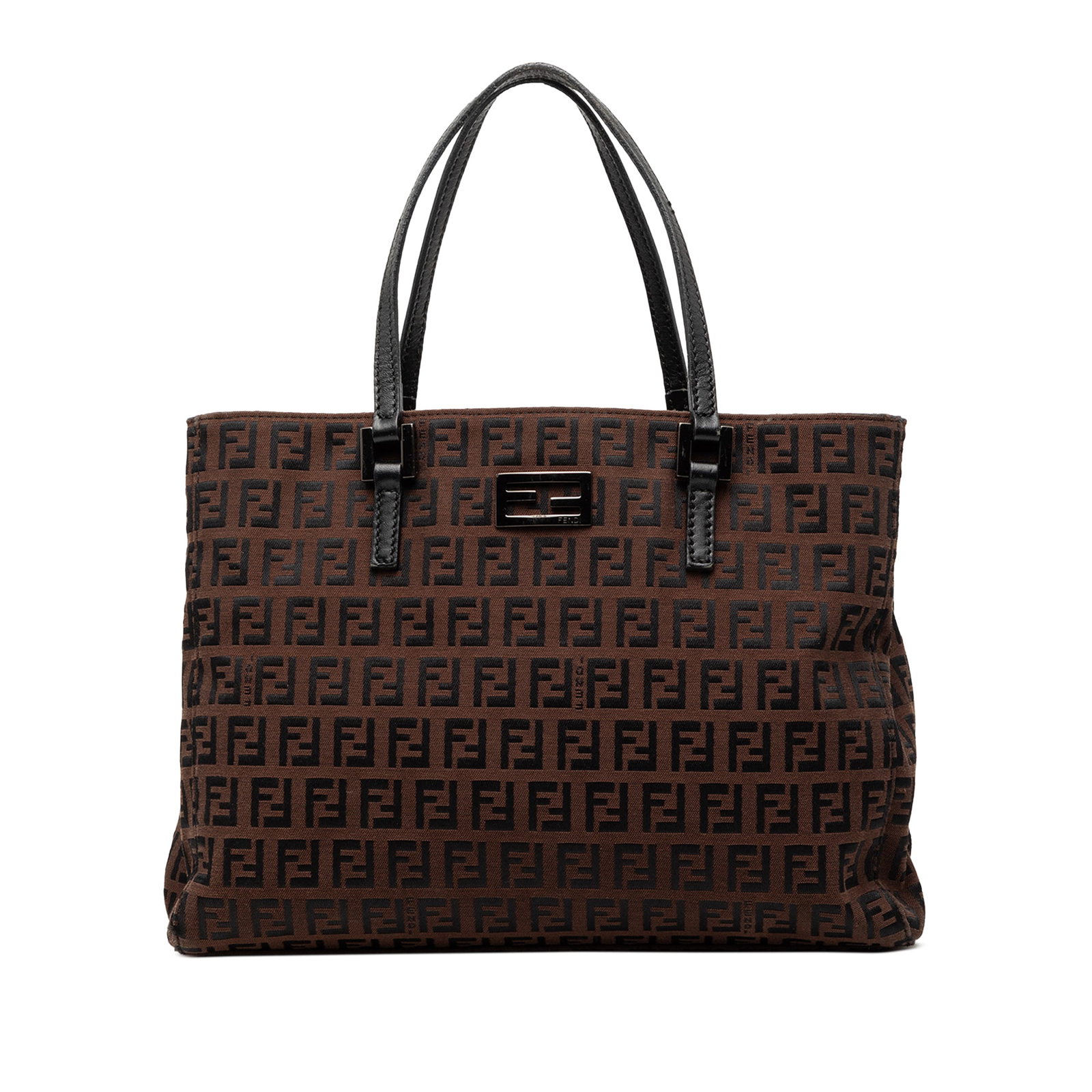 Brown Zucchino Canvas Shoulder Tote Bag by Fendi with Leather Straps: Brown Zucchino Canvas Shoulder Tote Bag by Fendi with Leather Straps This Fendi Zucchino Canvas Tote showcases a canvas body with the iconic Zucchino pattern, complemented by flat leather straps. The 