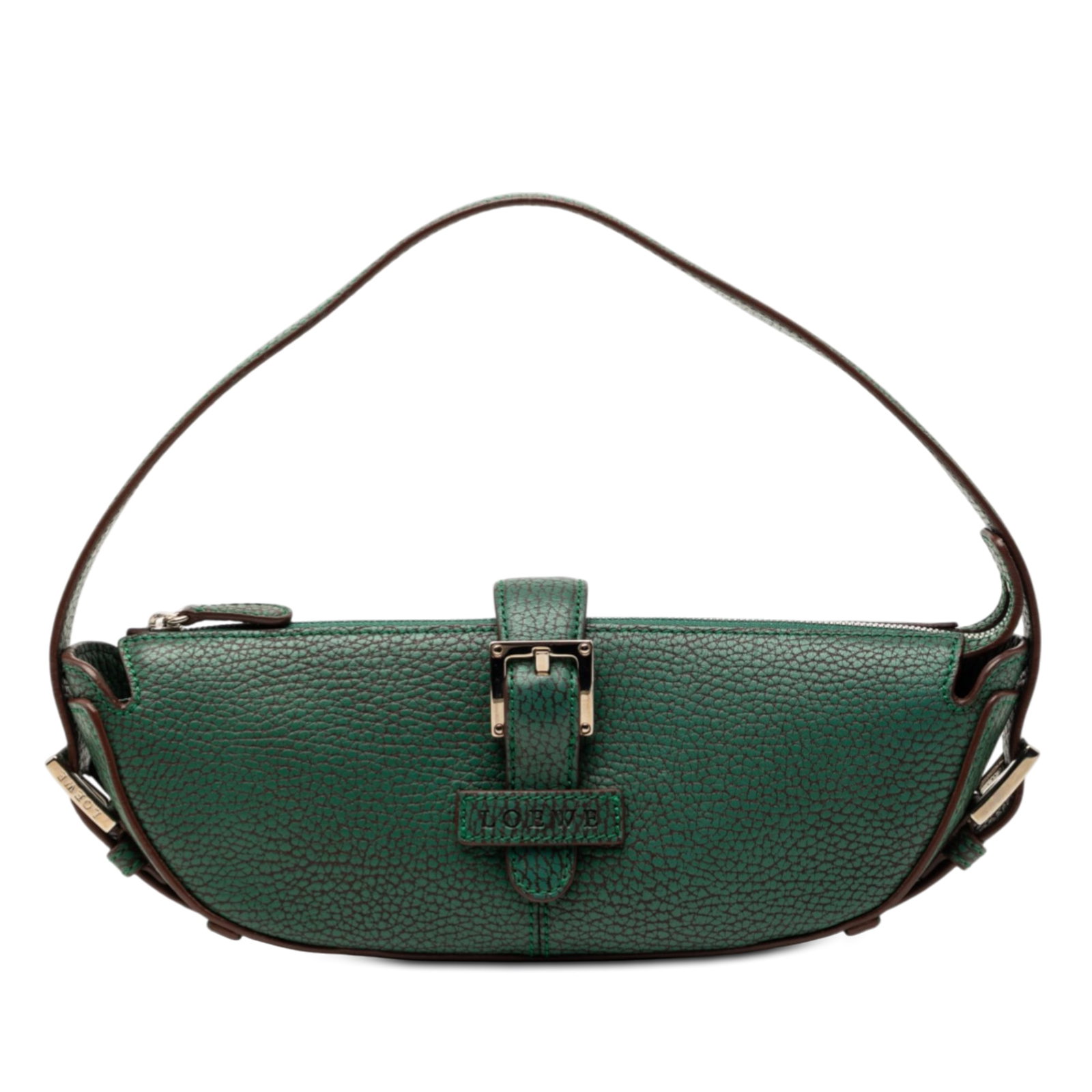 Loewe Mini Green Leather Baguette Boat Handbag with Top Zip: Loewe Mini Green Leather Baguette Boat Handbag with Top Zip This LOEWE Mini Pebbled Leather Baguette Boat Bag is crafted from green leather and features a flat leather handle, a top strap with slip-th
