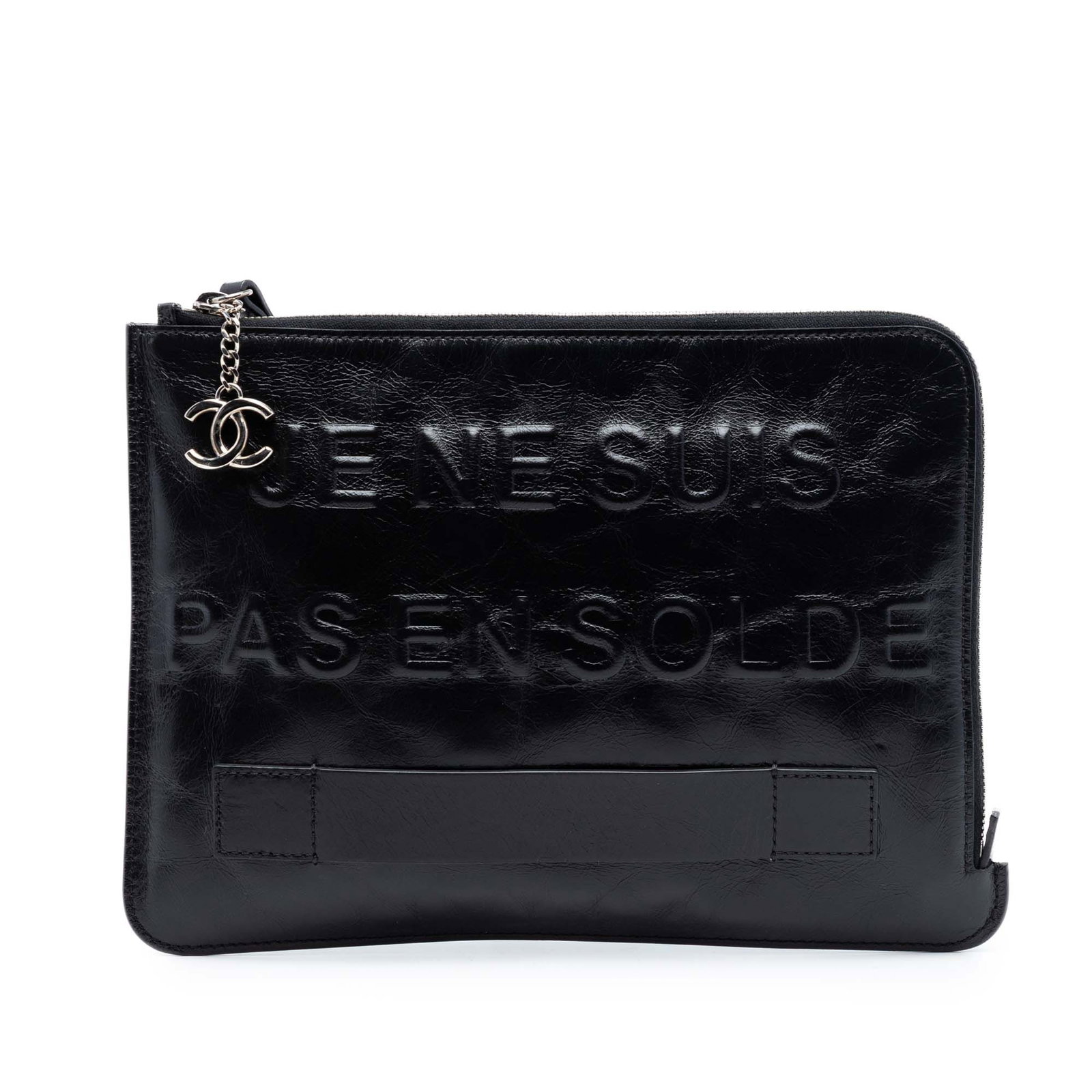Chanel Je Ne Suis Pas En Solde Black Distressed Calfskin Clutch Bag: Chanel Je Ne Suis Pas En Solde Black Distressed Calfskin Clutch Bag This clutch bag features a black distressed calfskin leather body, a front strap handle, a top zip closure, an exterior back slip po