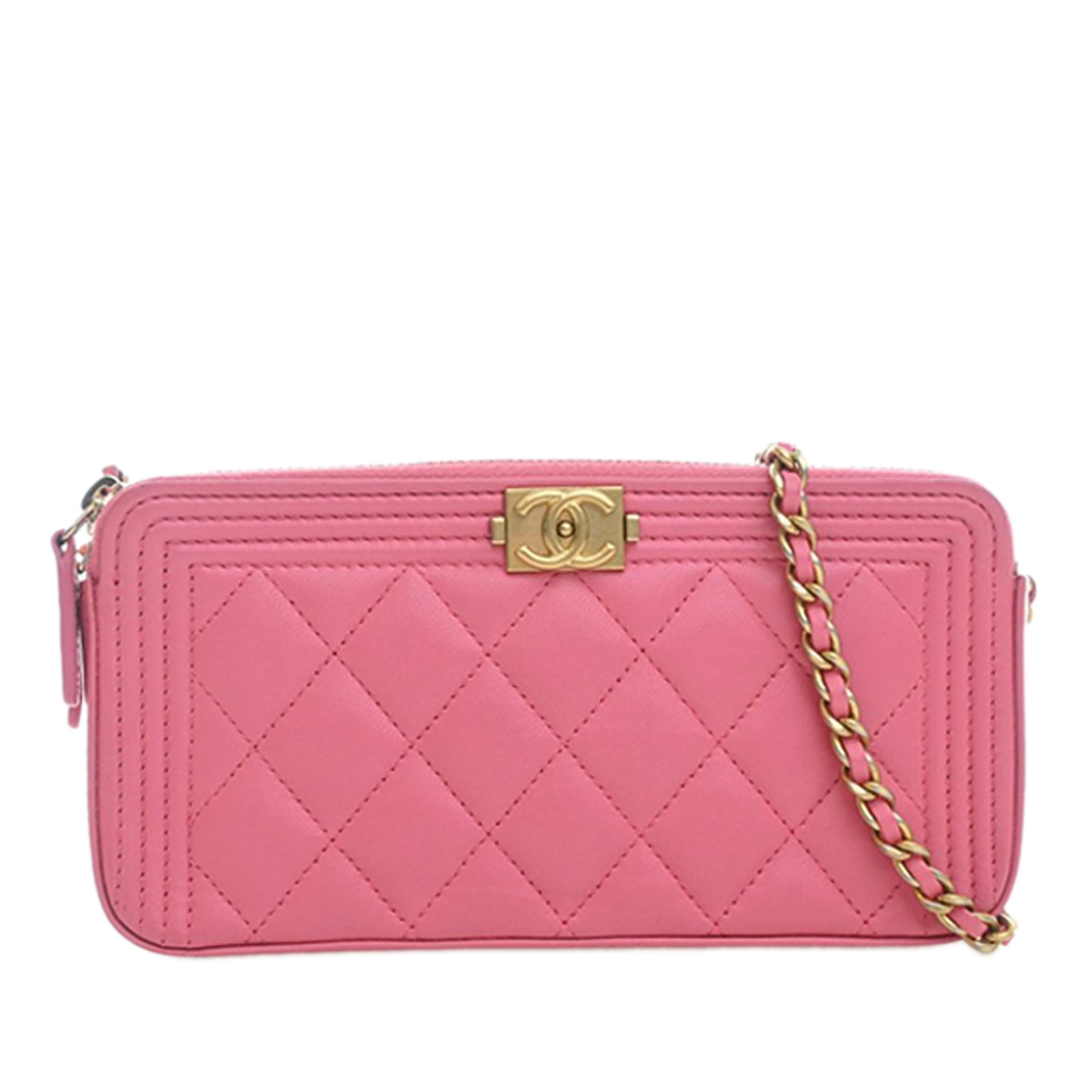 Chanel Boy Quilted Lambskin Wallet On Chain Pink: Chanel Boy Quilted Lambskin Wallet On Chain Pink This Chanel Quilted Lambskin Boy Double Zip Wallet On Chain features a pink quilted lambskin leather body with a leather-woven chain link strap. It is 