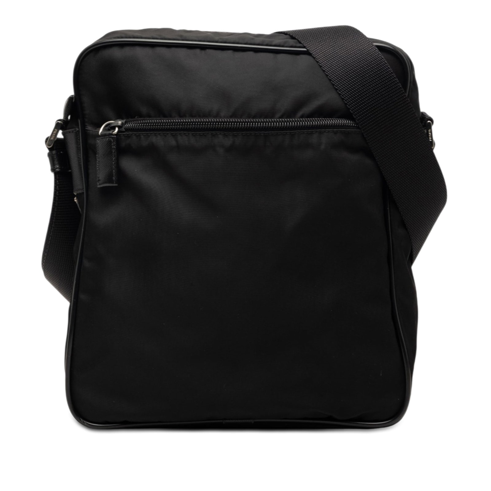 Prada Tessuto Black Nylon Crossbody Bag: Prada Tessuto Black Nylon Crossbody Bag This Prada Tessuto Zip Top Crossbody bag features a black nylon body with leather trim and an adjustable flat canvas strap. It is designed with a top zip closur