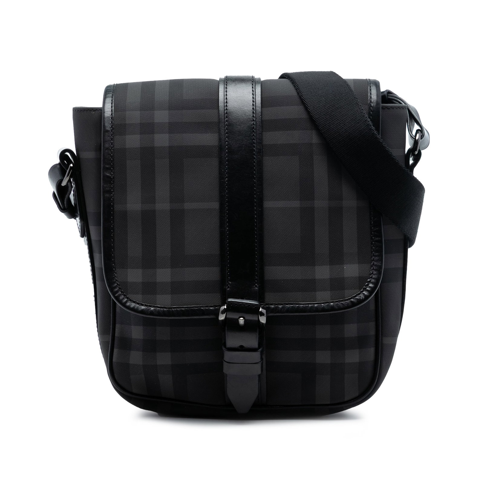 Burberry Smoke Check Gray Canvas Crossbody Bag with Leather Trim: Burberry Smoke Check Gray Canvas Crossbody Bag with Leather Trim This Burberry crossbody bag features a smoke check coated canvas body with leather trim. It includes an adjustable flat strap, a front 