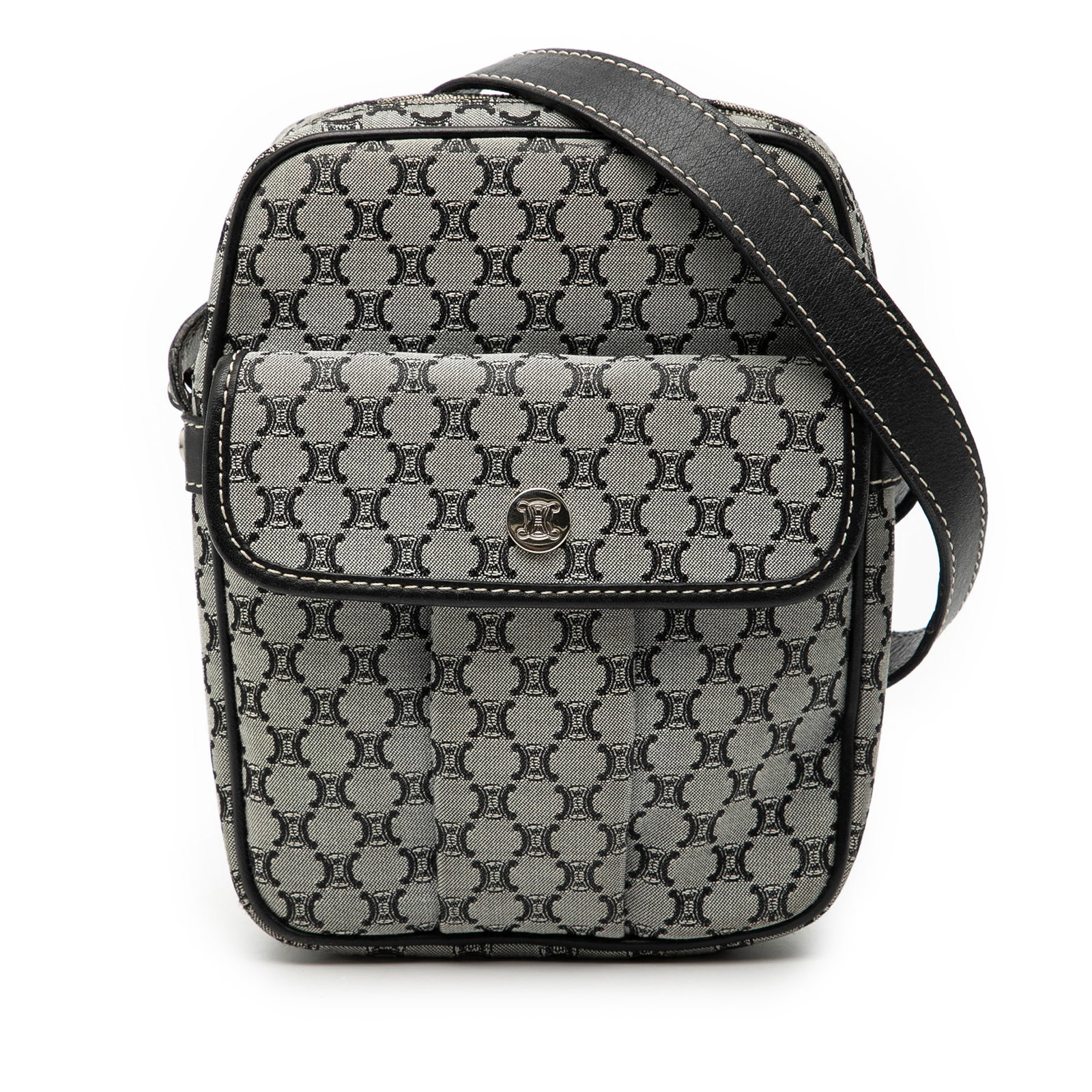 Celine Macadam Pattern Gray Canvas Crossbody Bag with Leather Strap: Celine Macadam Pattern Gray Canvas Crossbody Bag with Leather Strap The Celine Macadam Canvas Crossbody is a compact bag crafted from durable canvas with an adjustable flat leather strap. It features 